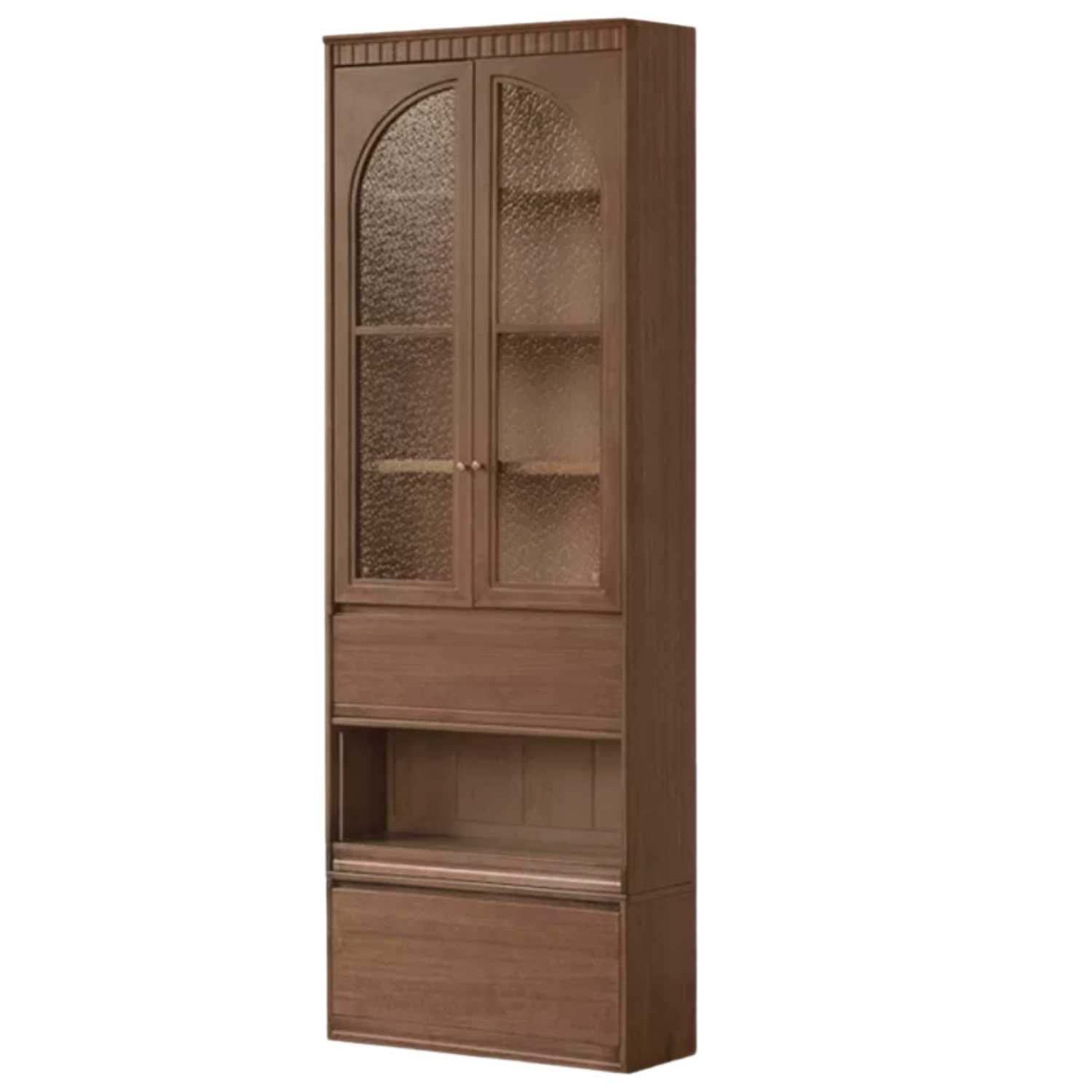 Black Walnut, Solid Sandalwood Arched Vintage Bookcase with Glass Door and Storage Drawer