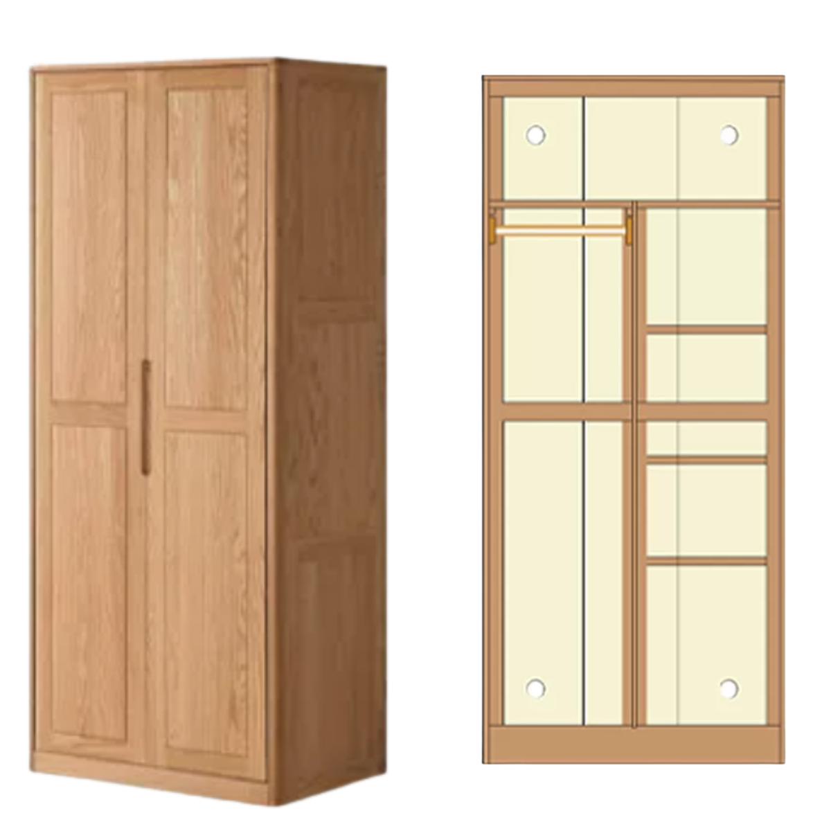 Oak solid wood Wardrobe with Flat Panel Doors and Groove Handles