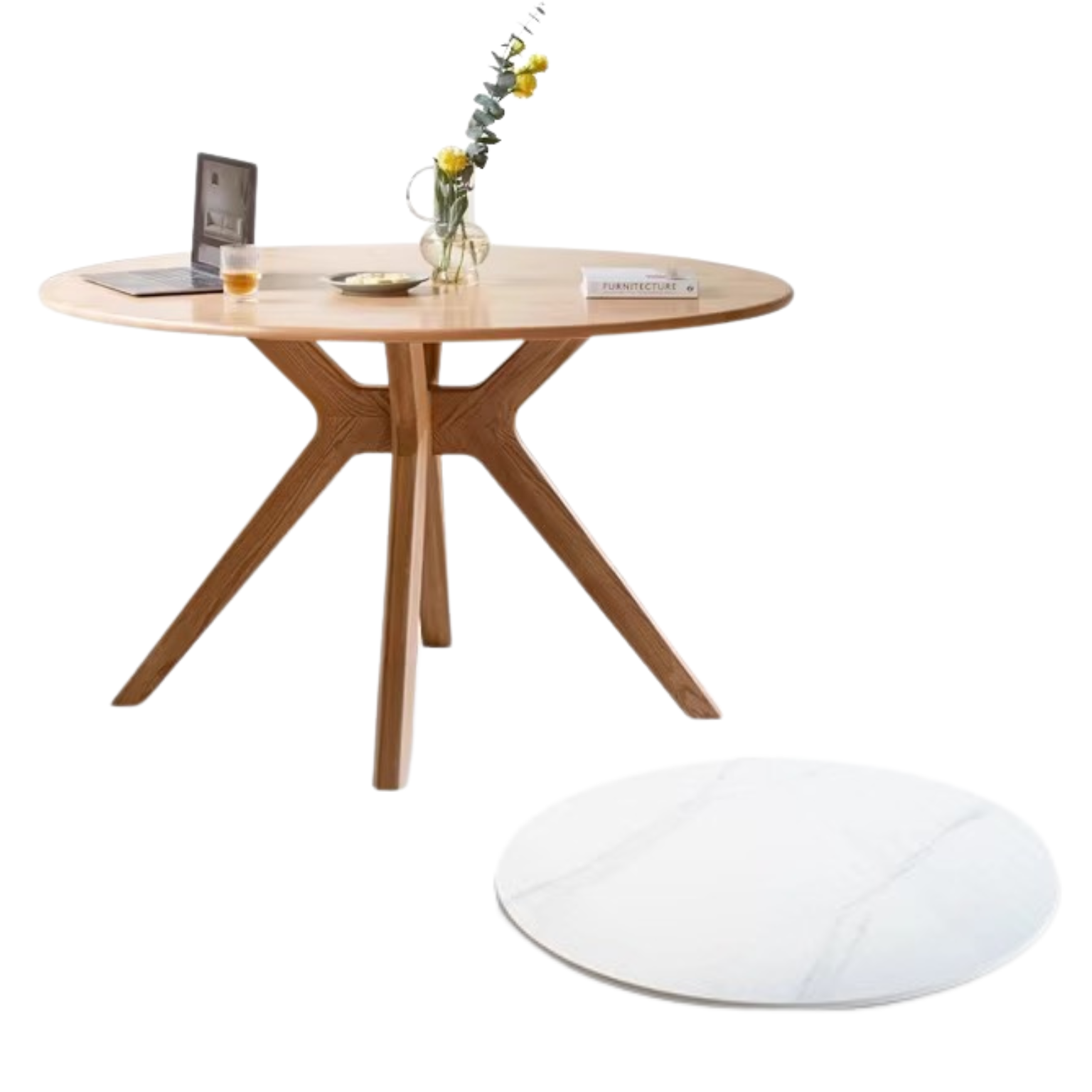 Oak solid Wood Round Nordic dining table with rock slab surface,