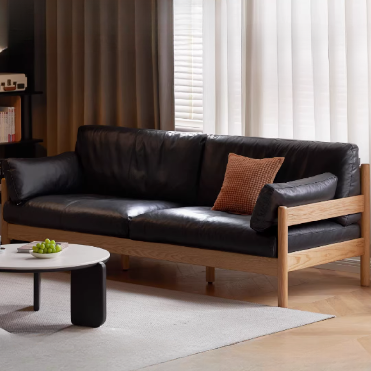 Oak Solid Wood Modern Leather Sofa