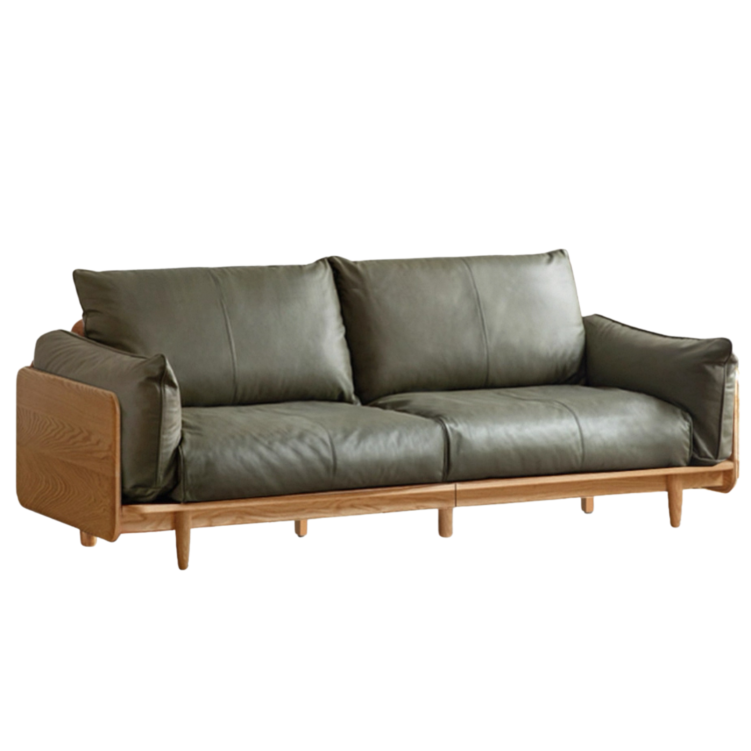 Oak, Ash Solid Wood Sofa with Exposed Wide Arms, High-Back, Genuine leather -fabric