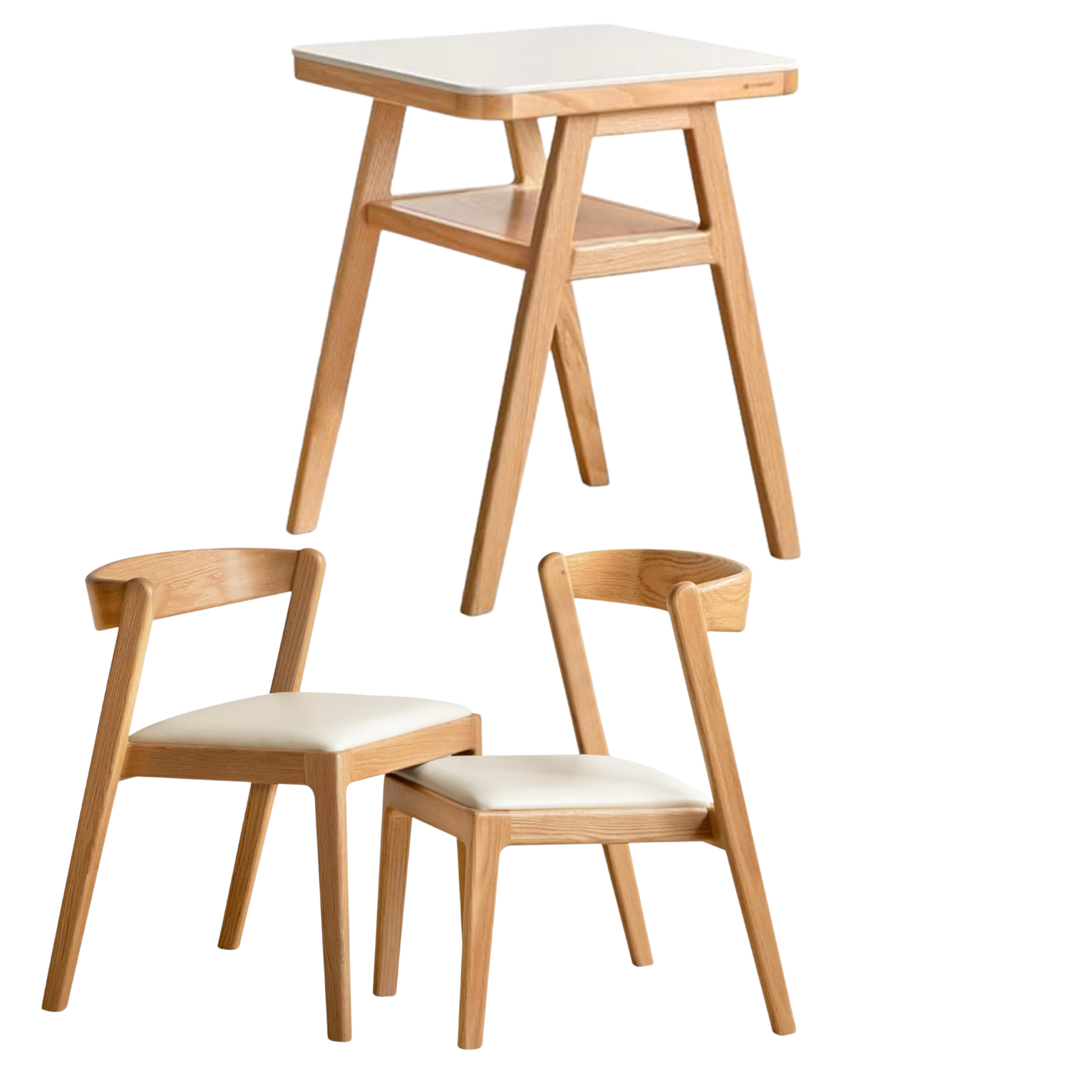 Oak Solid Wood Square Dining Table with Splayed Legs and Storage Shelf
