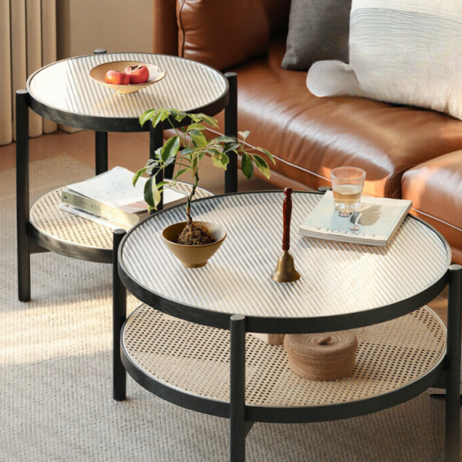 Oak Solid Wood Rattan Black Glass Round Coffee Table