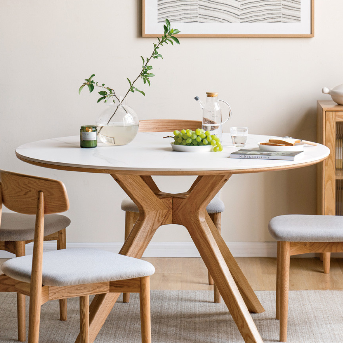 Oak solid Wood Round Nordic dining table with rock slab surface,