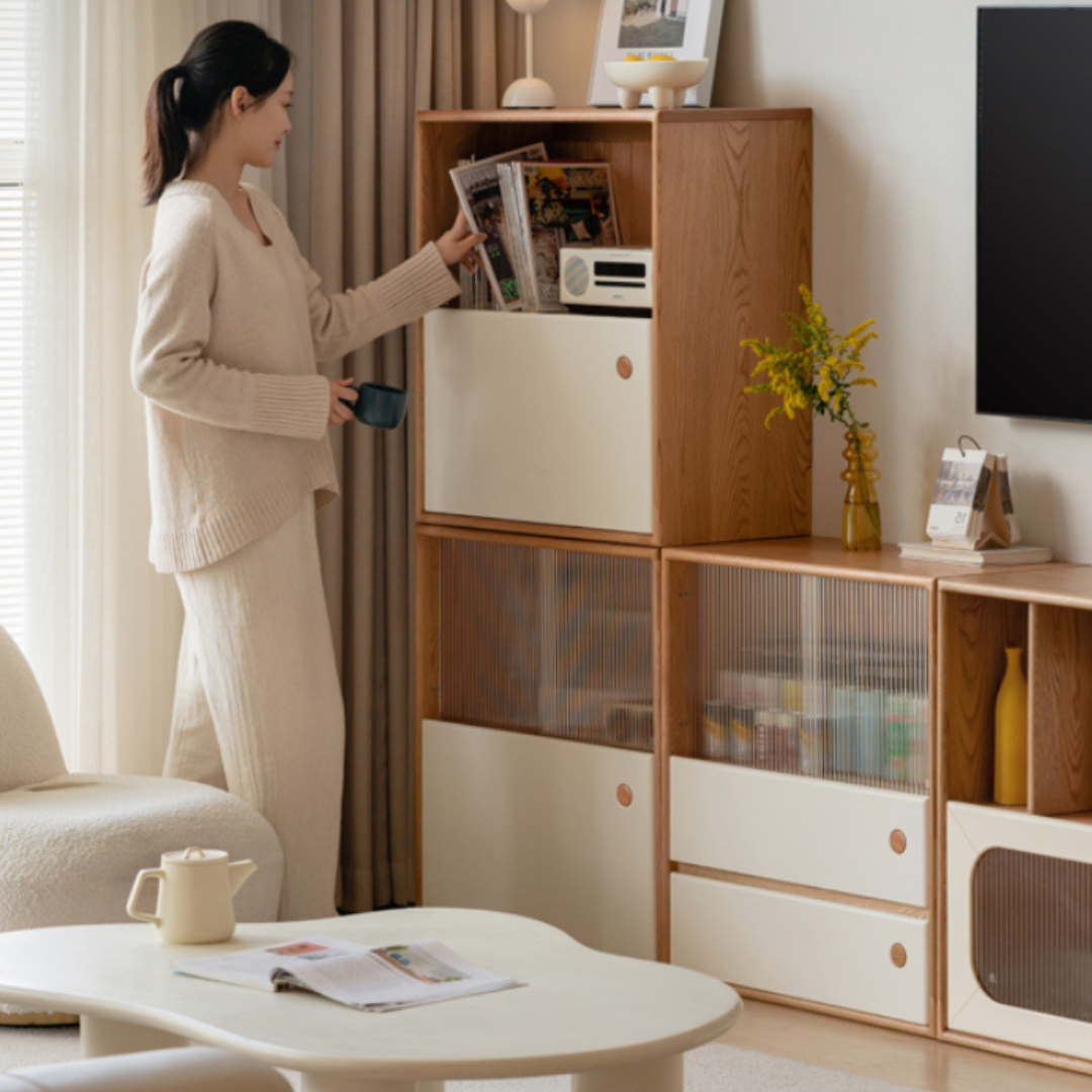 Oak Solid Wood cream style module combination Bookcase