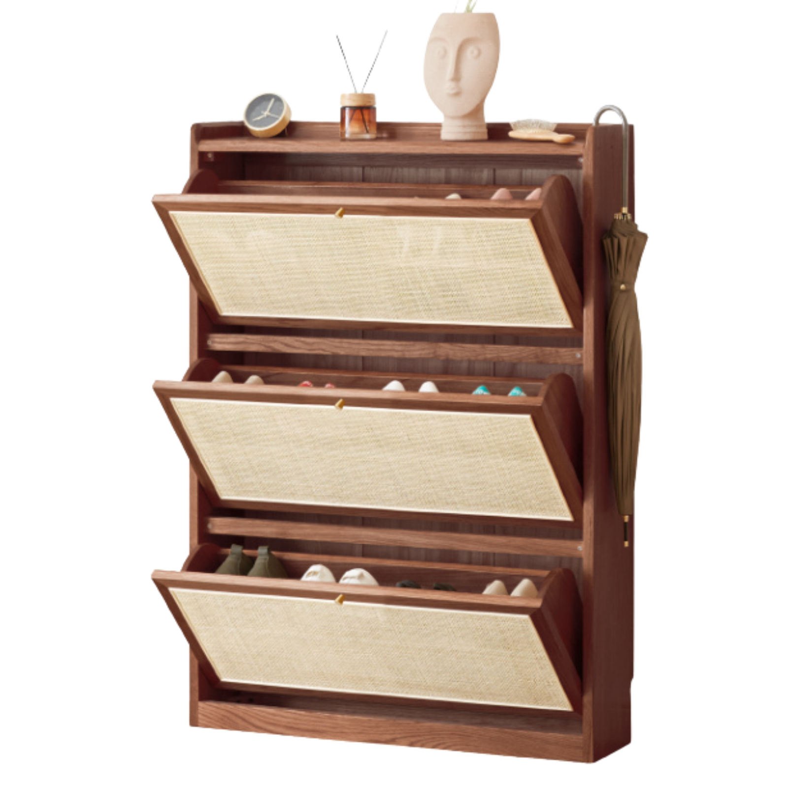 Black Walnut, Oak Solid Wood rattan Flipper Shoe Cabinet-