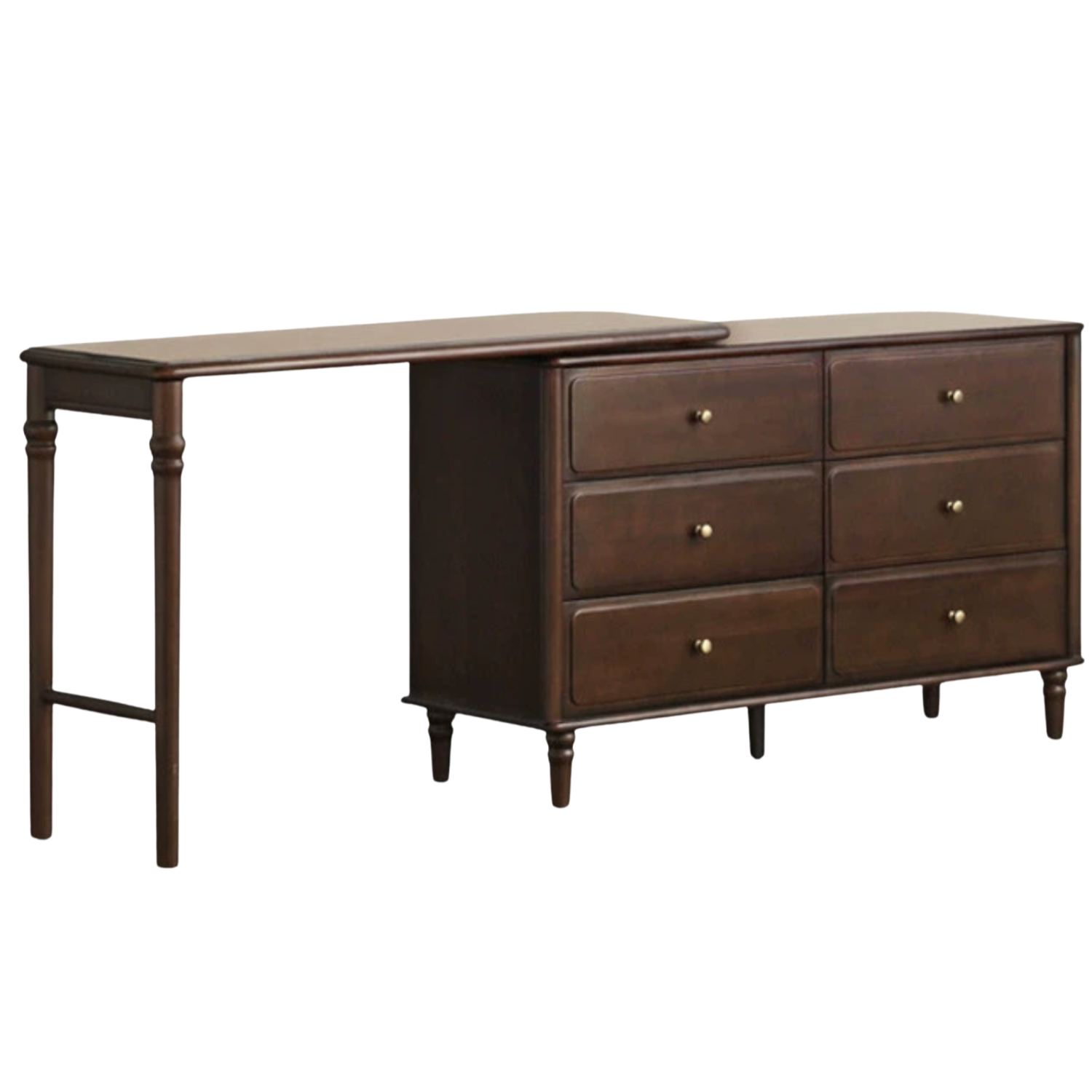 Black Walnut, Poplar Solid Wood Traditional Dresser with Attached Vanity Desk Extension and Turned Legs
