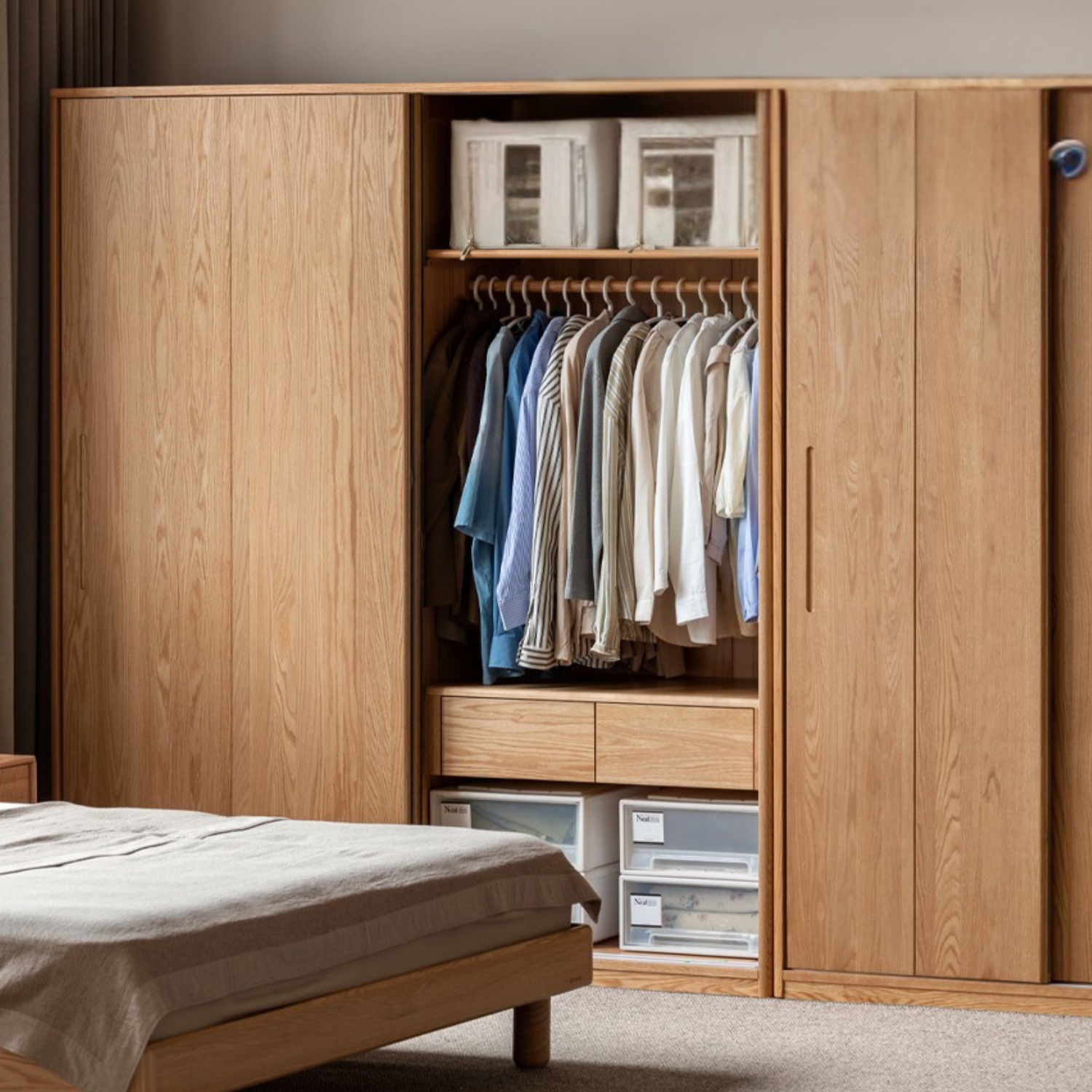 Oak, Ash Solid Wood Wardrobe With Sliding Doors