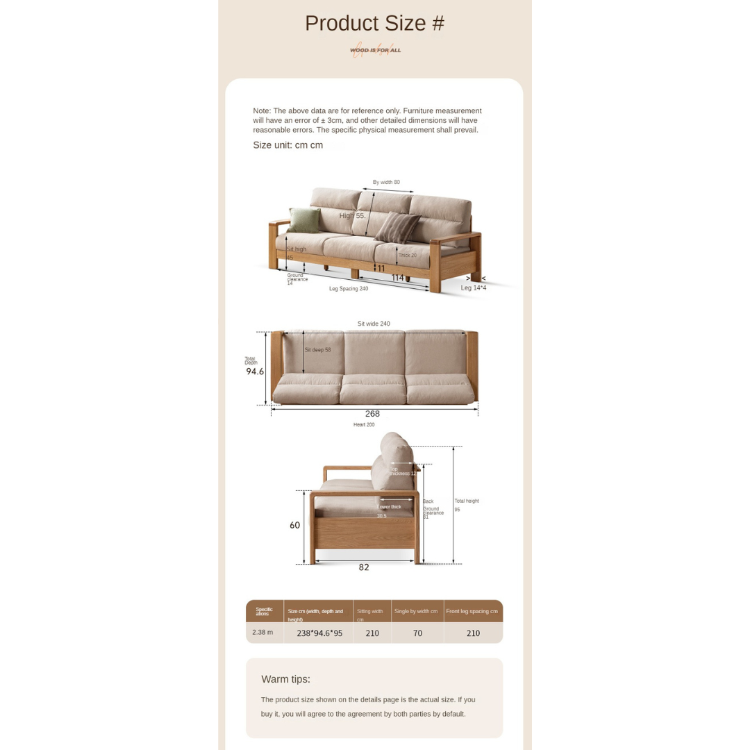 Oak Solid Wood Fabric Straight Sofa Modern