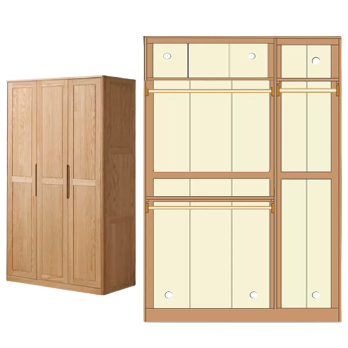 Oak solid wood Wardrobe with Flat Panel Doors and Groove Handles