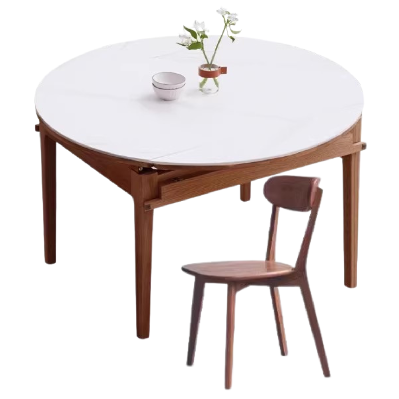 Oak solid wood Round folding dining table with rock slab surface,