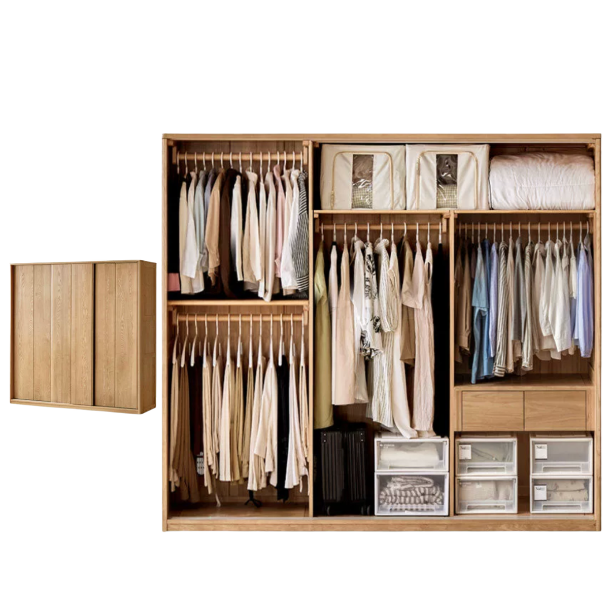 Ash Solid Wood Sliding Door Wardrobe with Built-In Shelves and Drawers