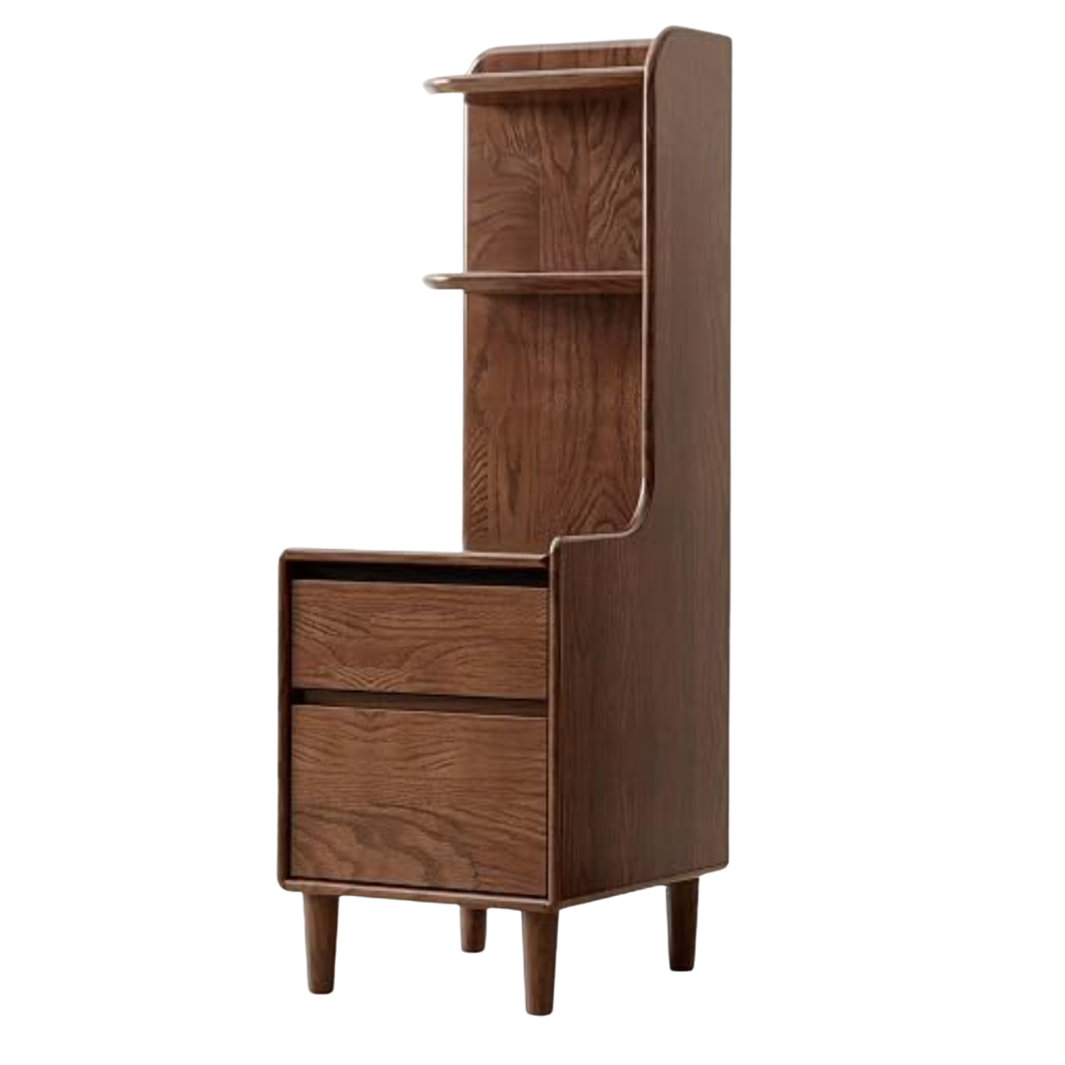 Oak Solid Wood Tall Nightstand with Curved Corner Shelf and Two Drawers