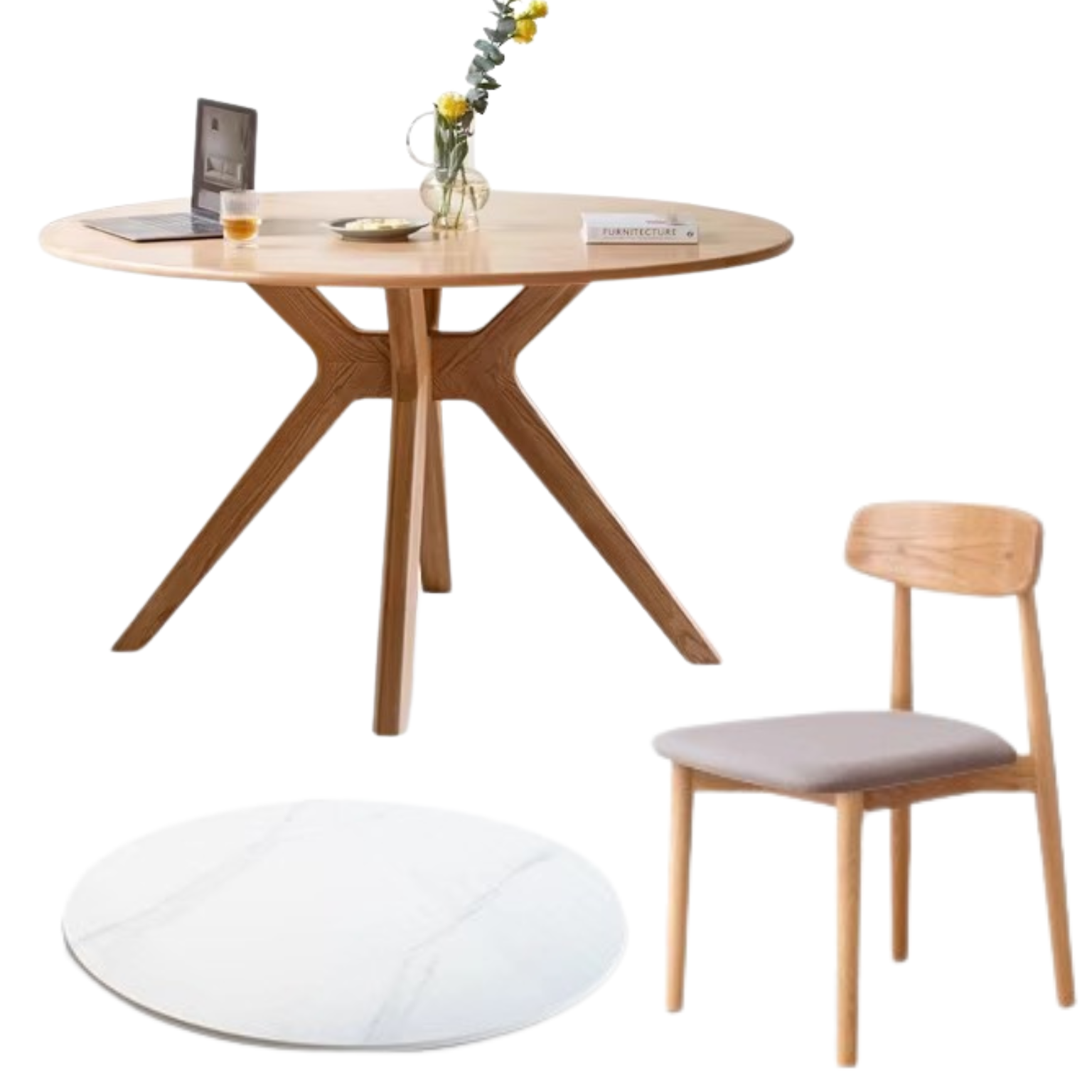 Oak solid Wood Round Nordic dining table with rock slab surface,