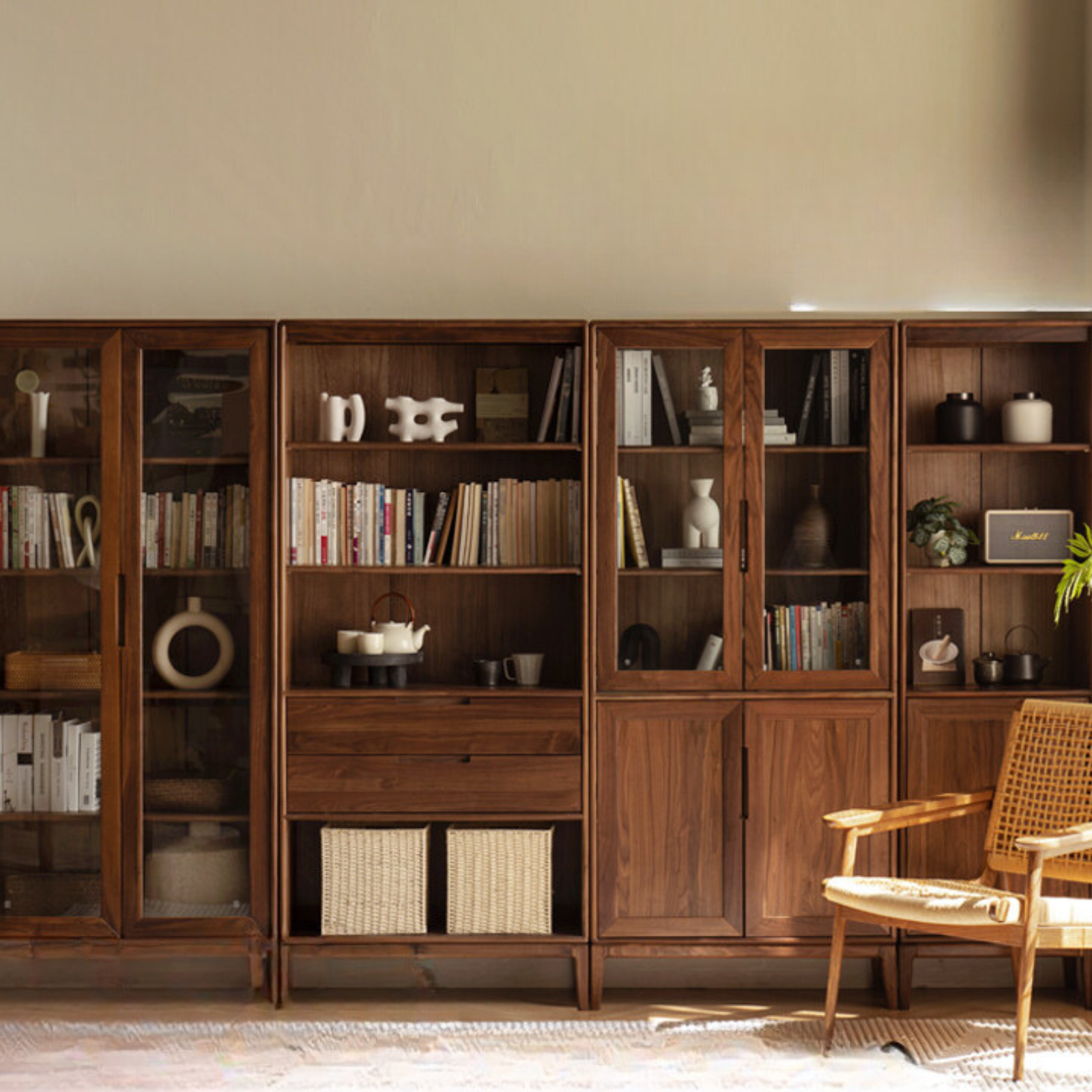 North American black walnut, Ash solid wood combination cdust-proof glass door wall floor-to-ceiling bookshelf<