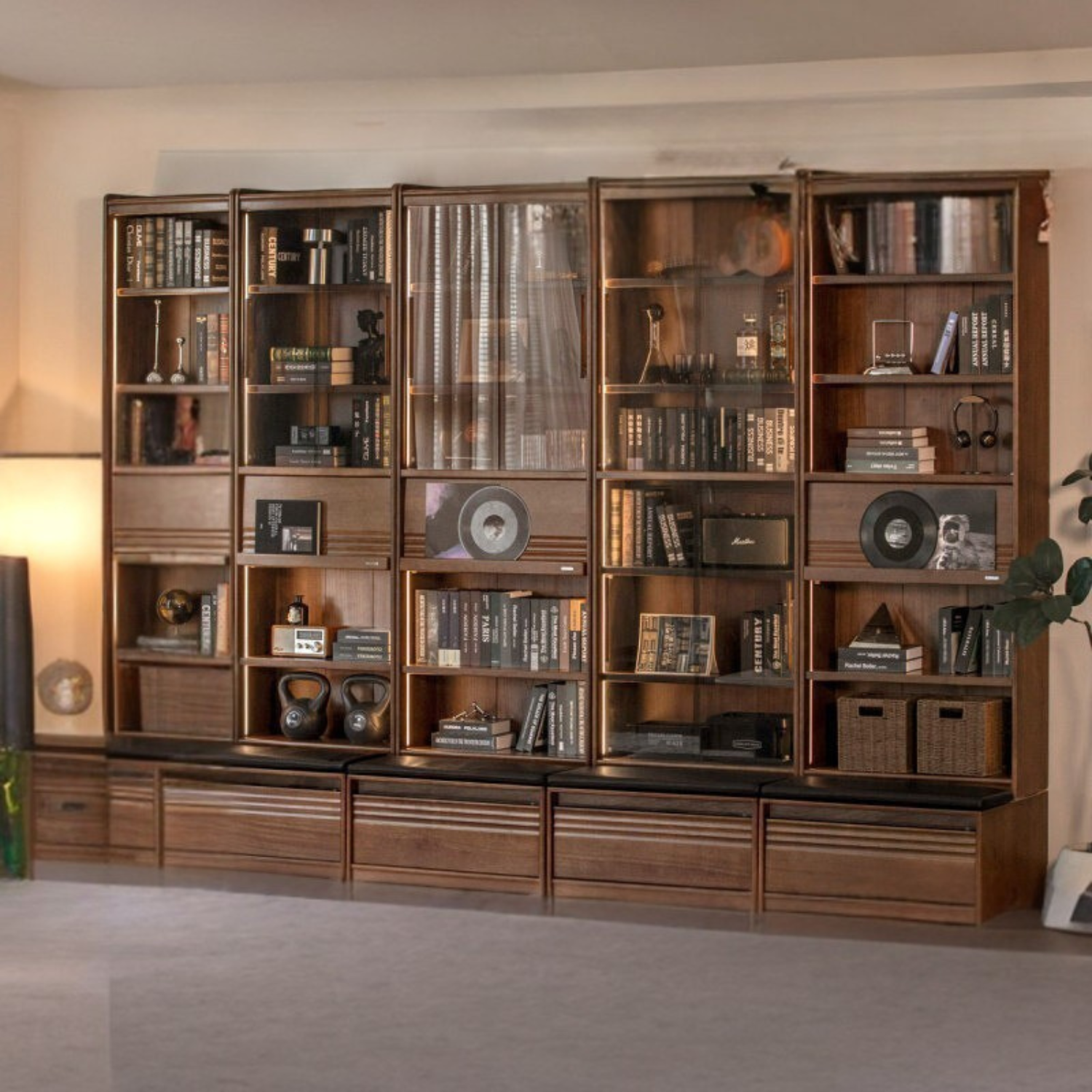 Black Walnut, Ash Solid Wood Combination Bookcase with Floor Display and Luxury Storage