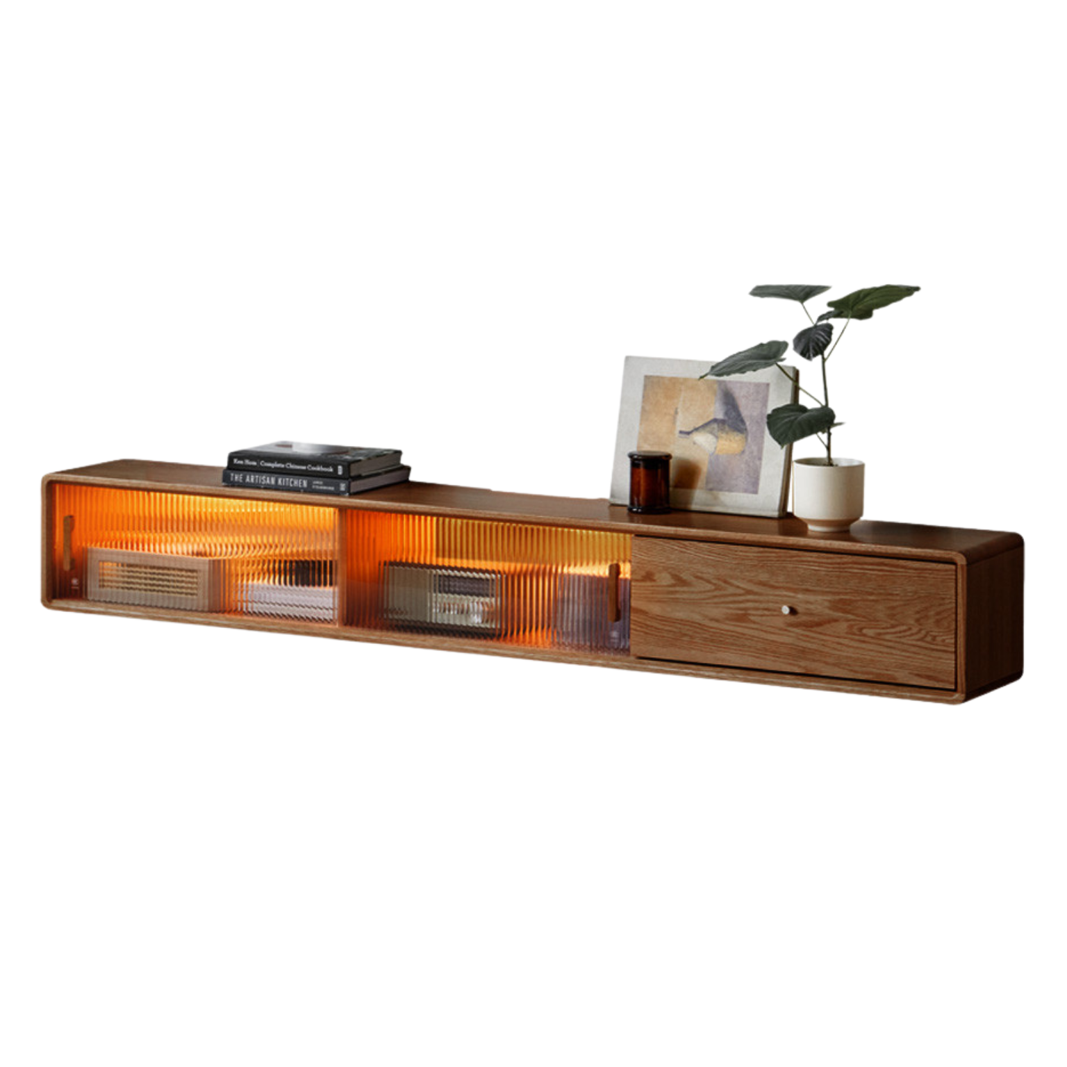 Oak solid wood suspended TV cabinet glass sliding door LED lights: