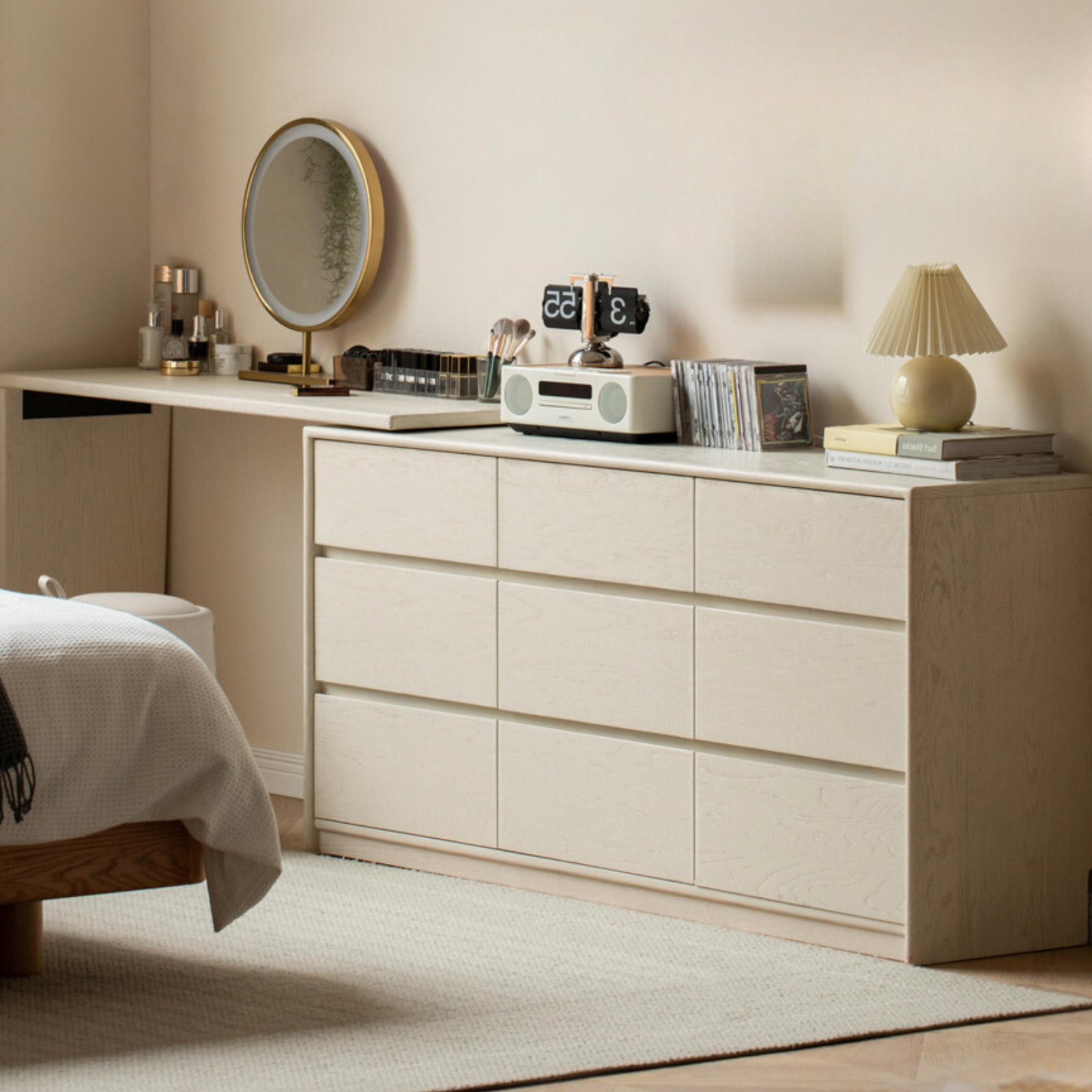 Oak solid wood cream style L-shaped dressing table