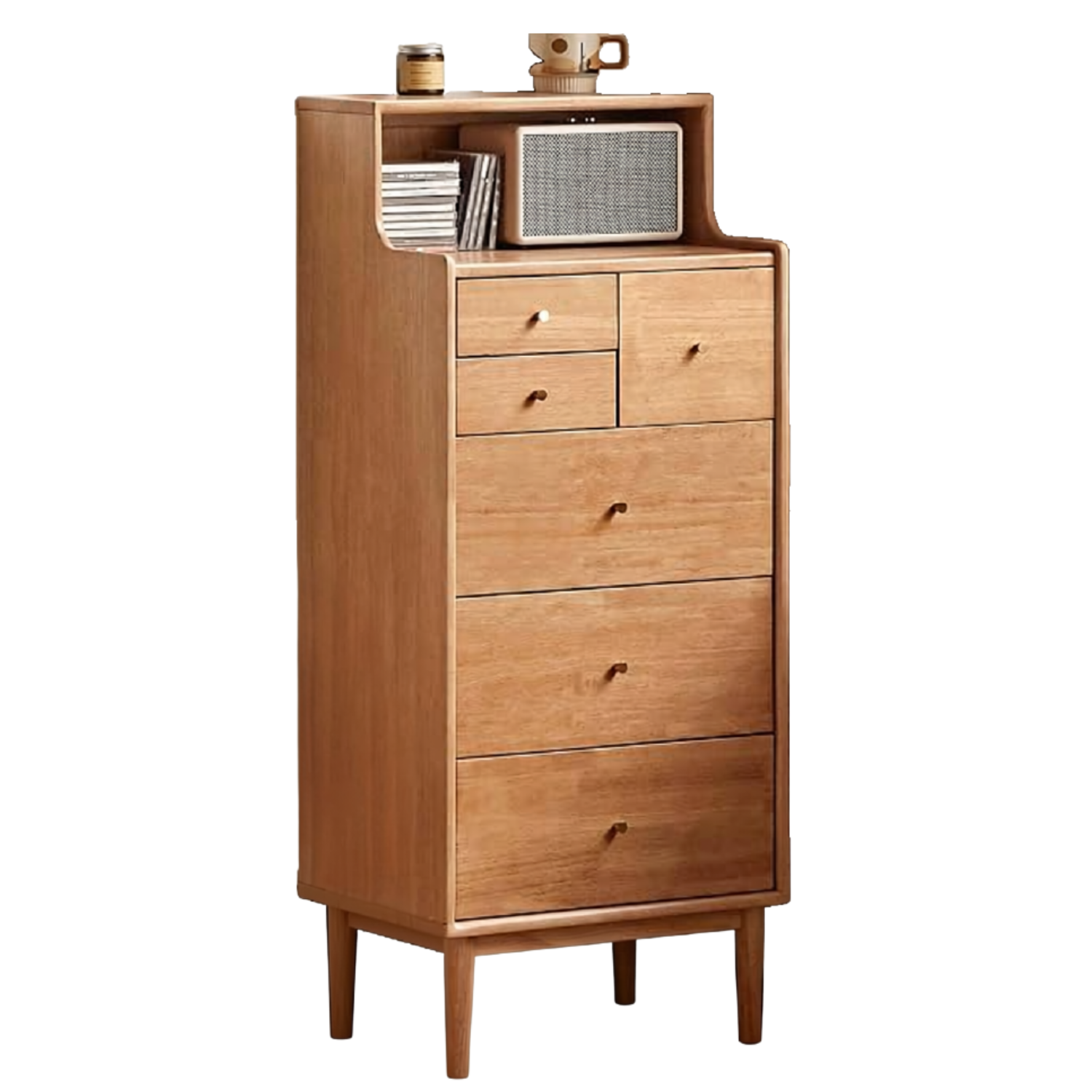 Solid rubberwood Tallboy Dresser with Open Shelf Hutch