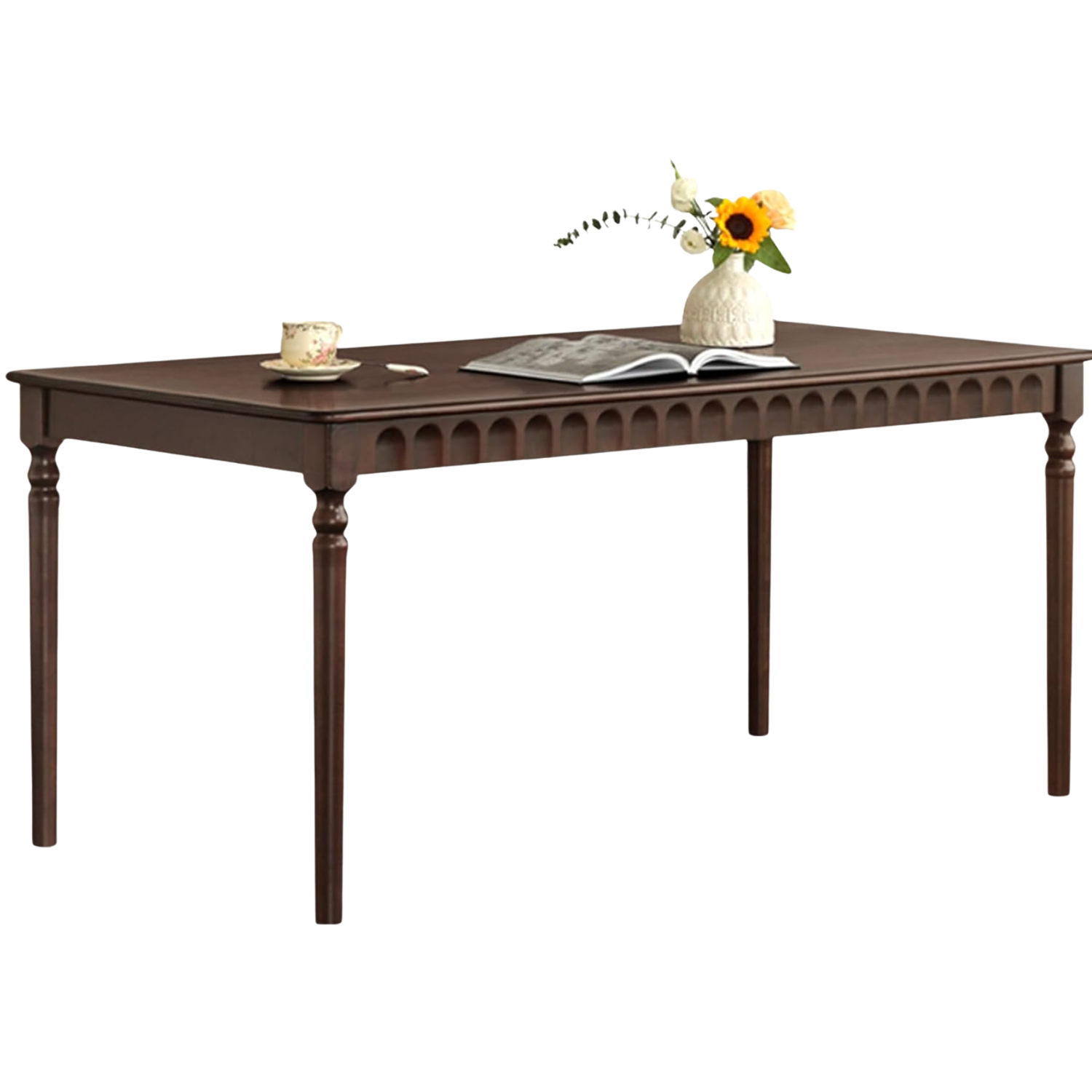 Birch Solid Wood Dining Table with Turned Legs and Arched Apron Carving