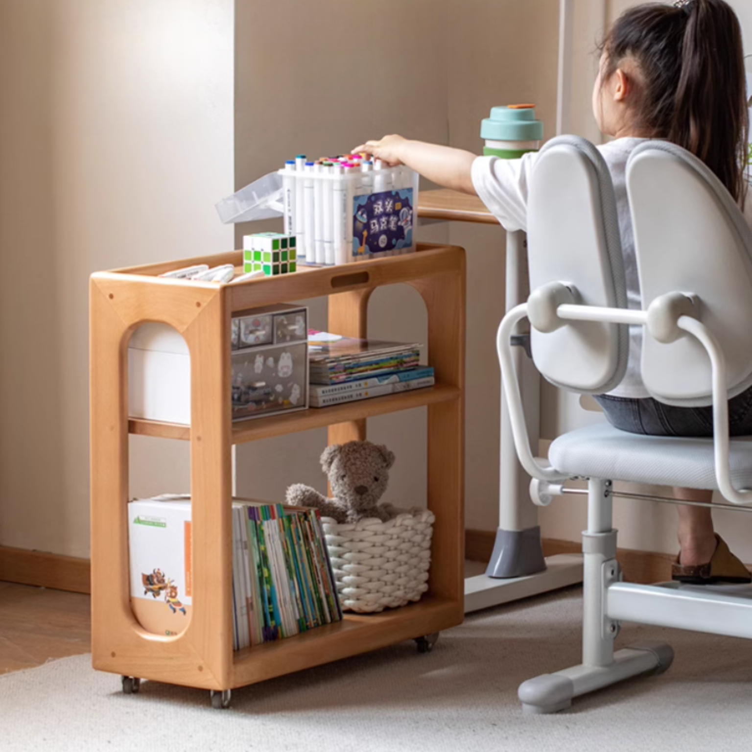 Beech Solid Wood Children's Under-Table Bookshelf with Wheels