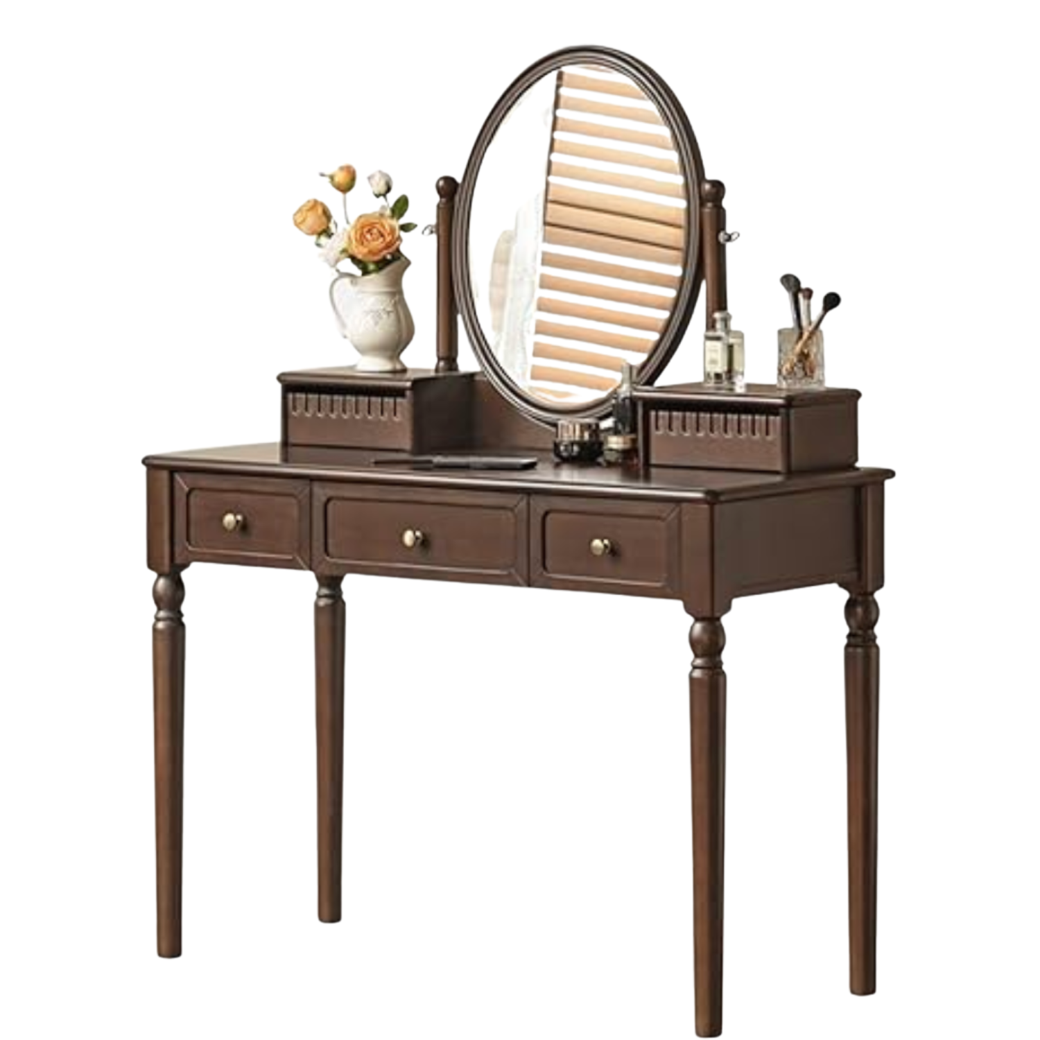 Black Walnut, Catalpa Solid Wood American Vanity Desk with Oval Mirror and Turned Legs