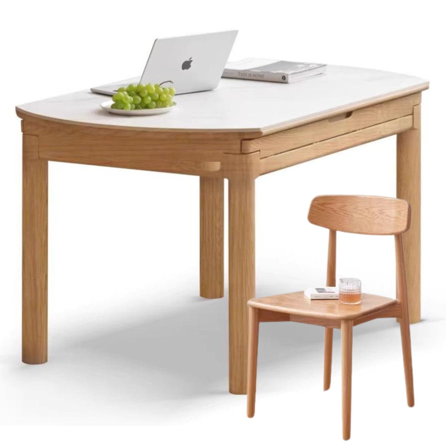 Ash solid wood retractable rock plate dining table