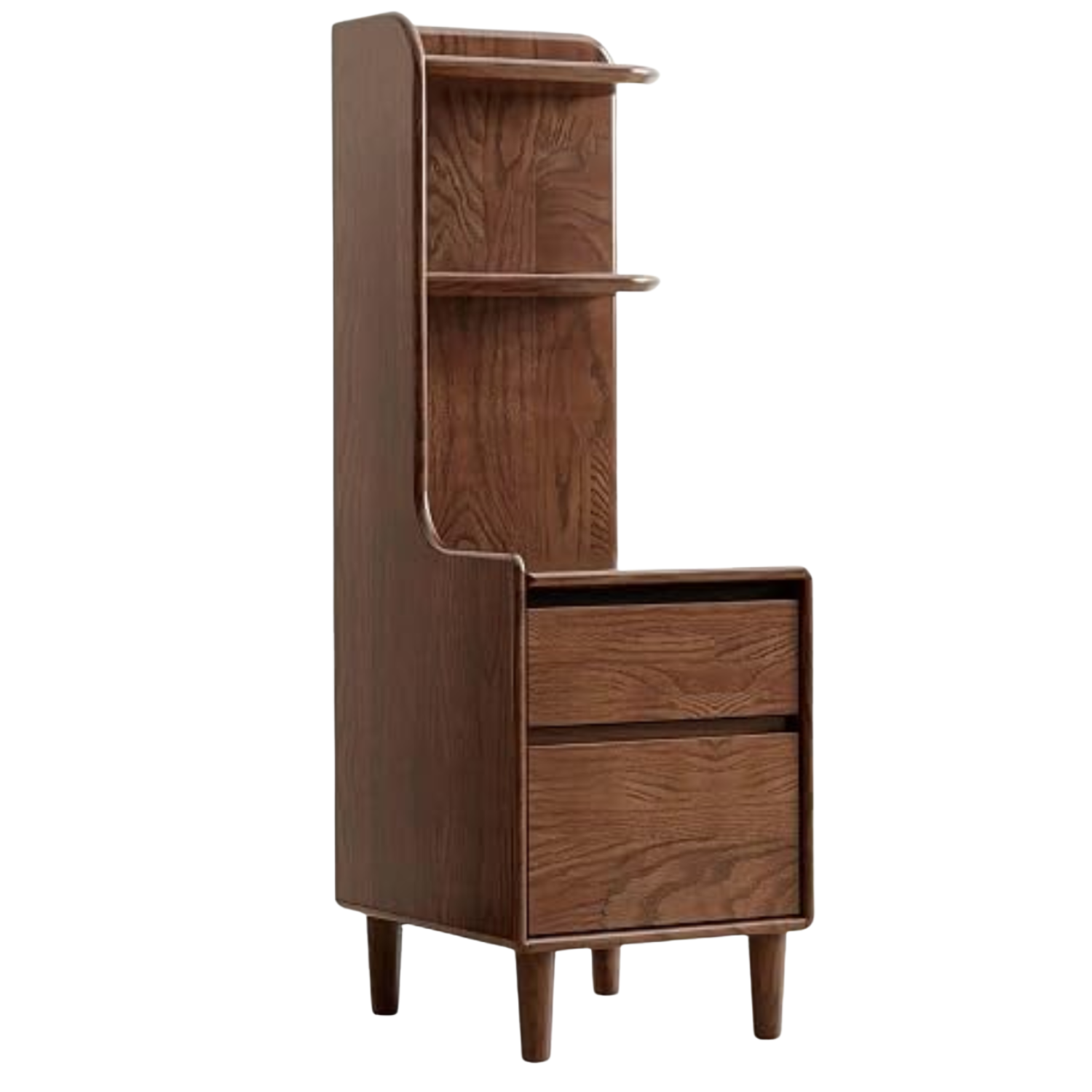 Oak Solid Wood Tall Nightstand with Curved Corner Shelf and Two Drawers