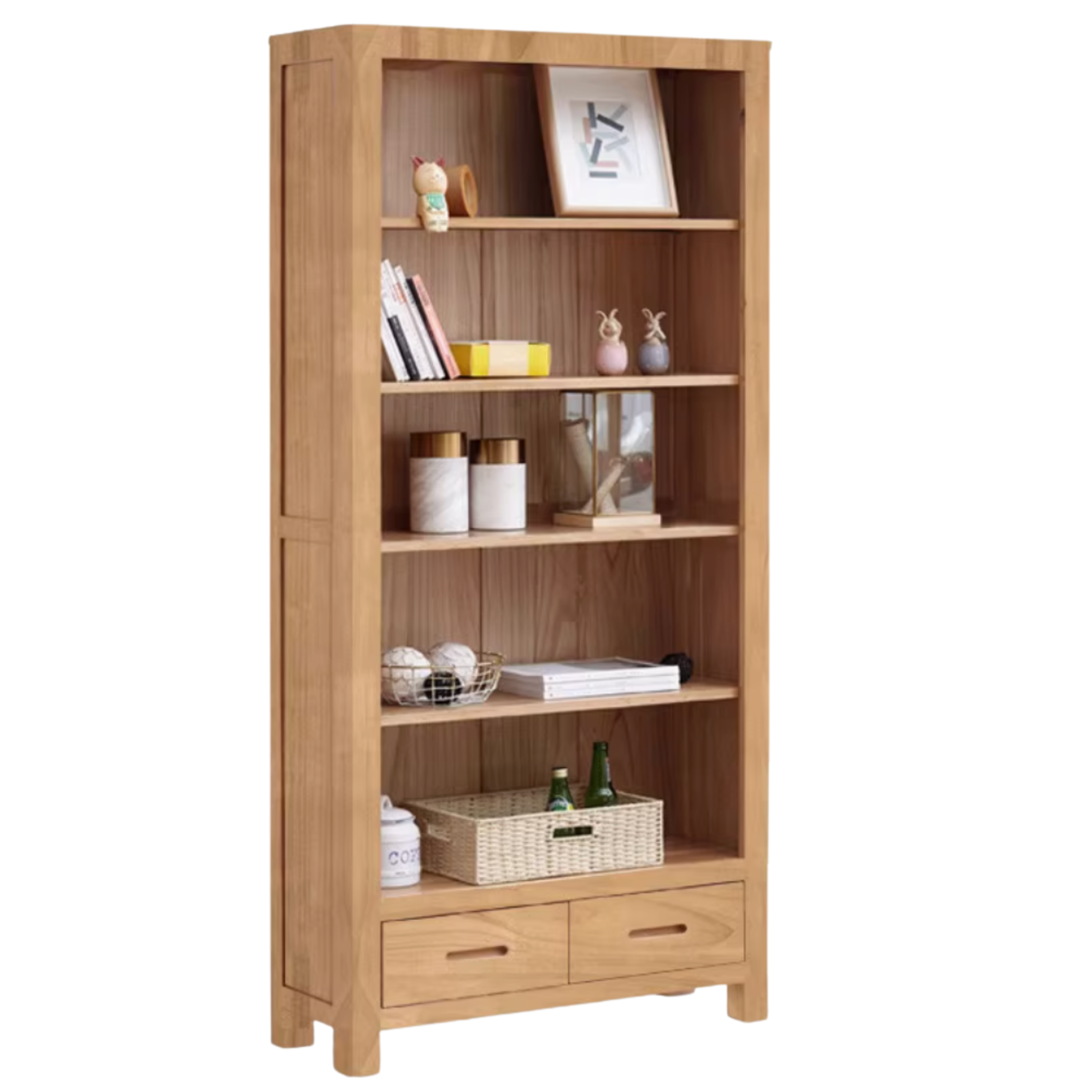 Oak, Rubberwood Solid Wood Drawer Bookcase