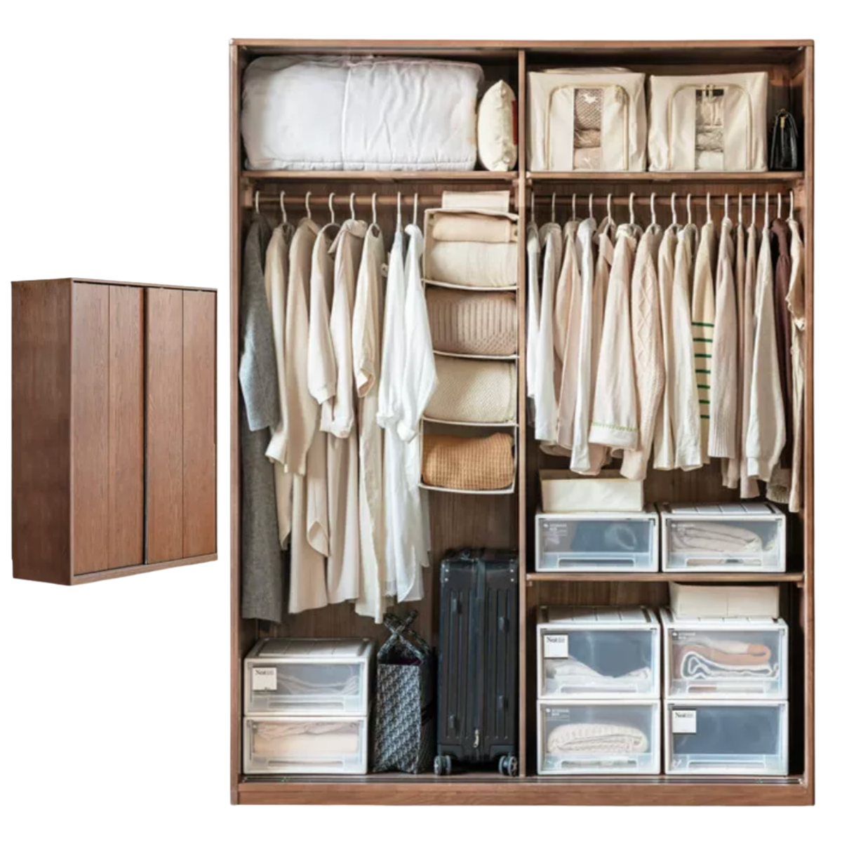 Oak, Rubberwood Solid Wood Sliding Door Wardrobe with Recessed Groove Handles