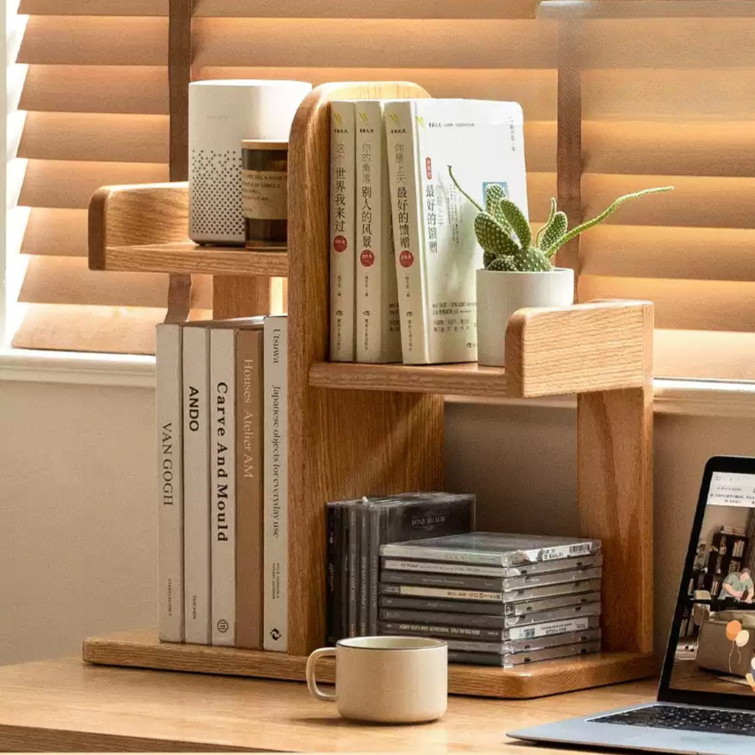 Oak Solid Wood Desktop Multi-Layer Bookshelf