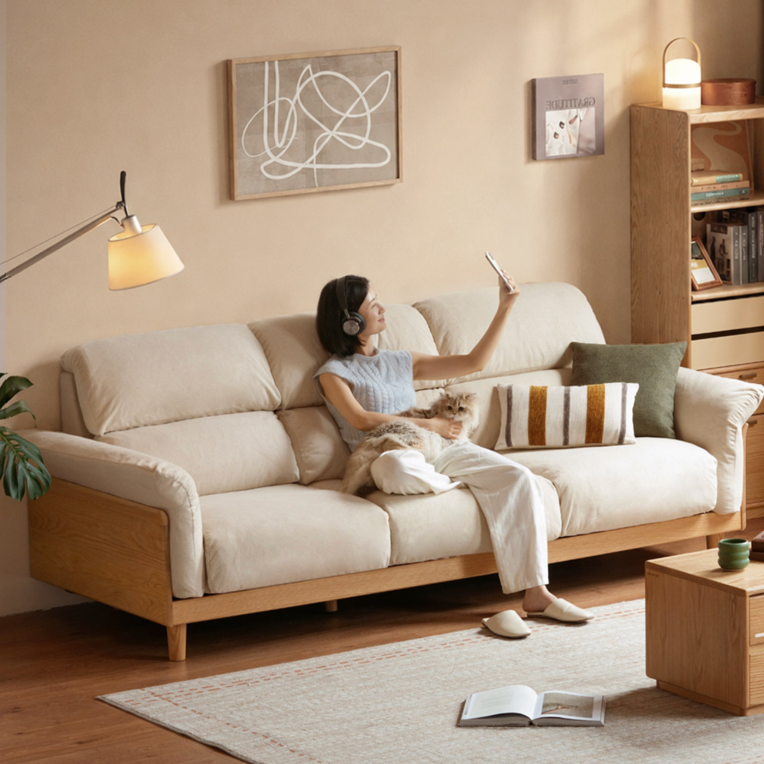 Oak Solid Wood Fabric Sofa, Couch with High Back Cushions, Durable Pet-Friendly Upholstery