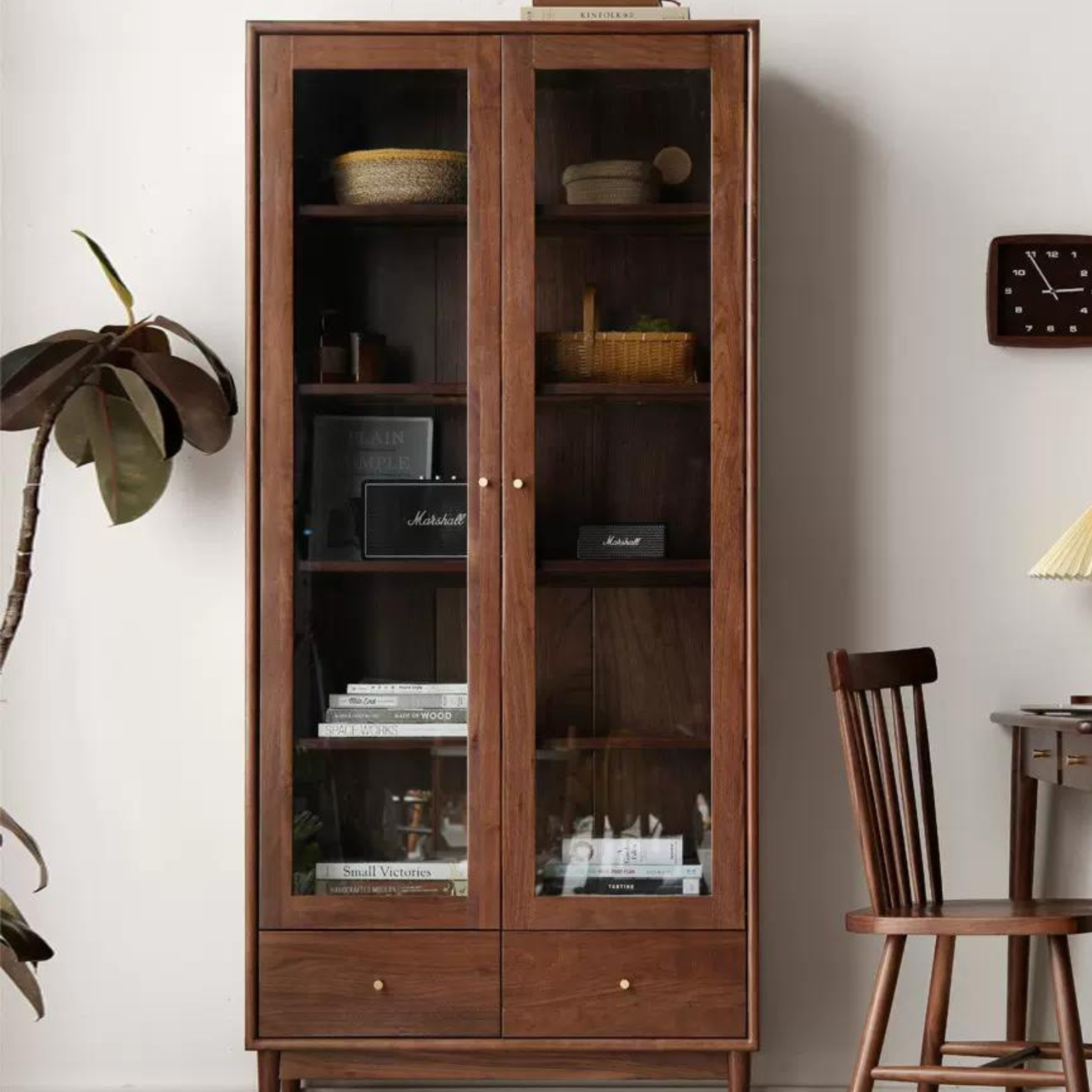Black walnut solid wood luxurious bookcase, glass door -