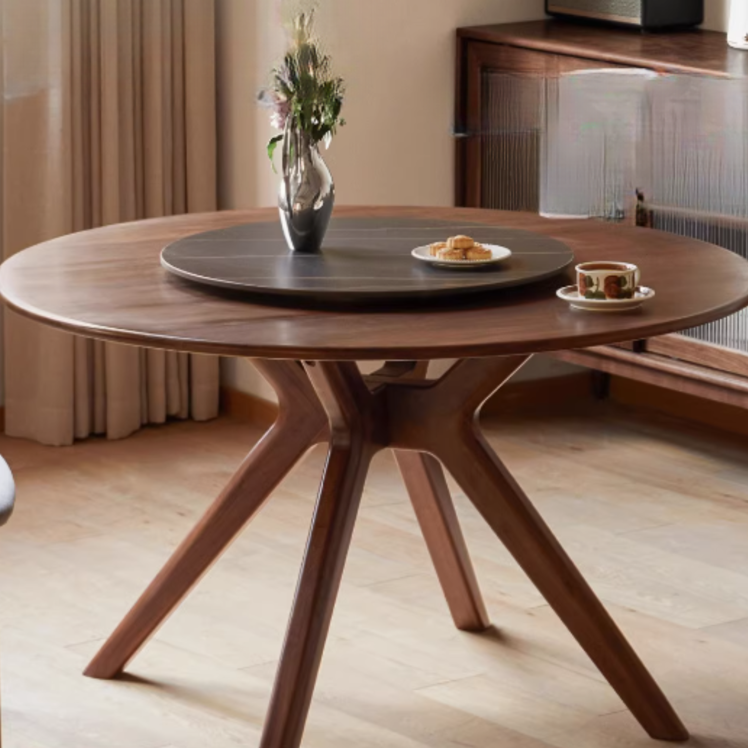 Black Walnut Solid Wood Rock Board Round Table With Turntable