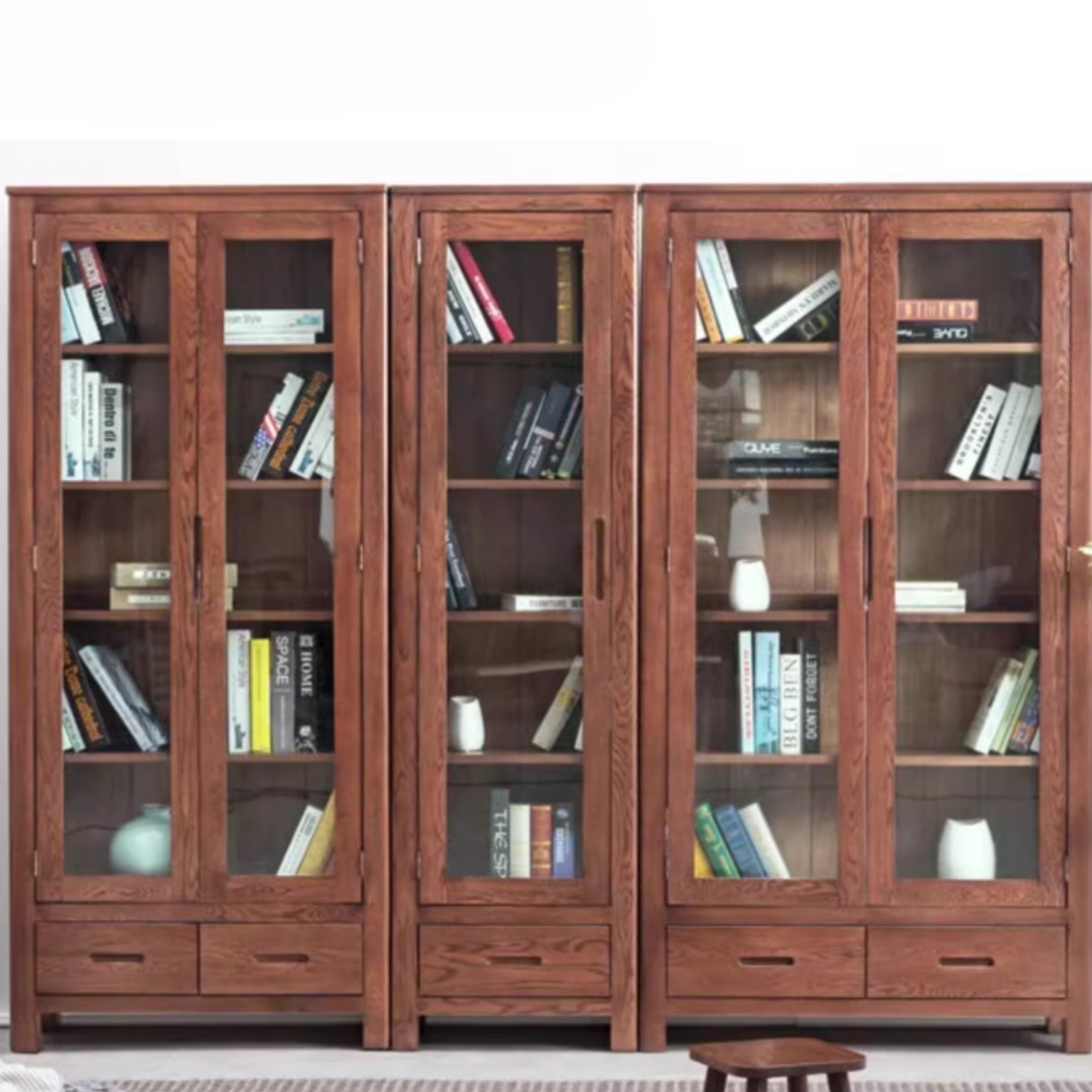 Oak Solid Wood Nordic Bookcase with Glass Door