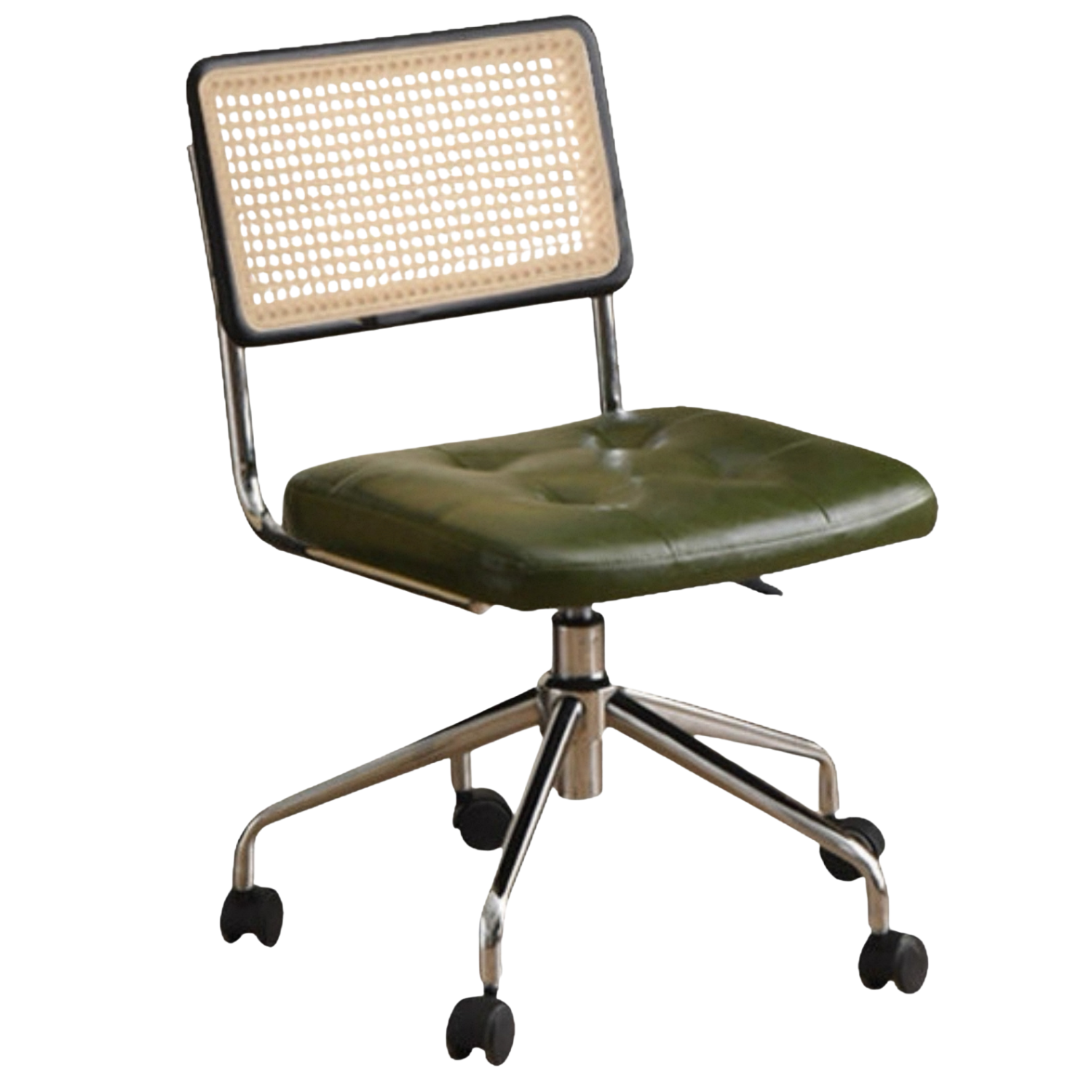 Rattan Swivel Office Chair with Leather Upholstered Seat and Chrome Frame Design
