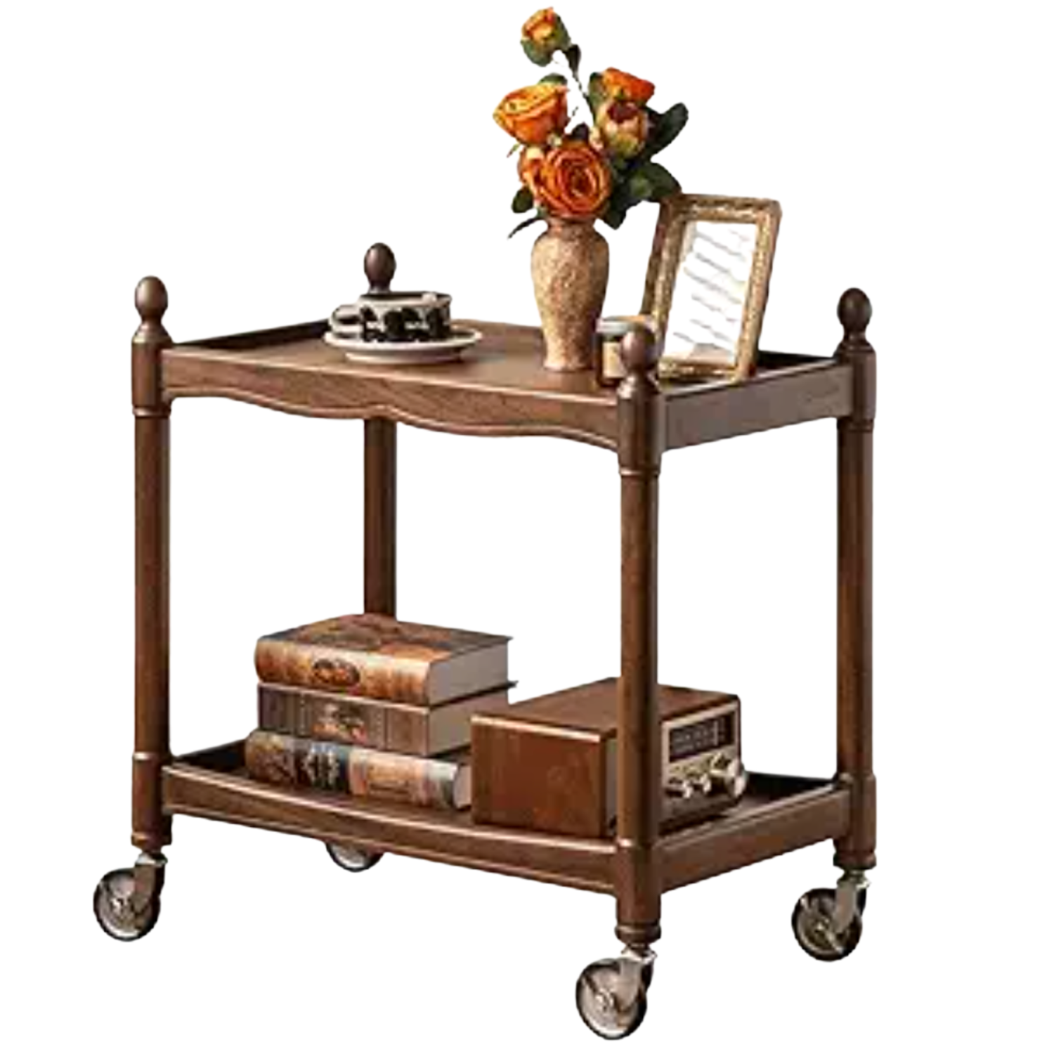 Poplar Solid Wood Vintage Solid Wood Bar Cart with Turned Spindle Legs and Casters