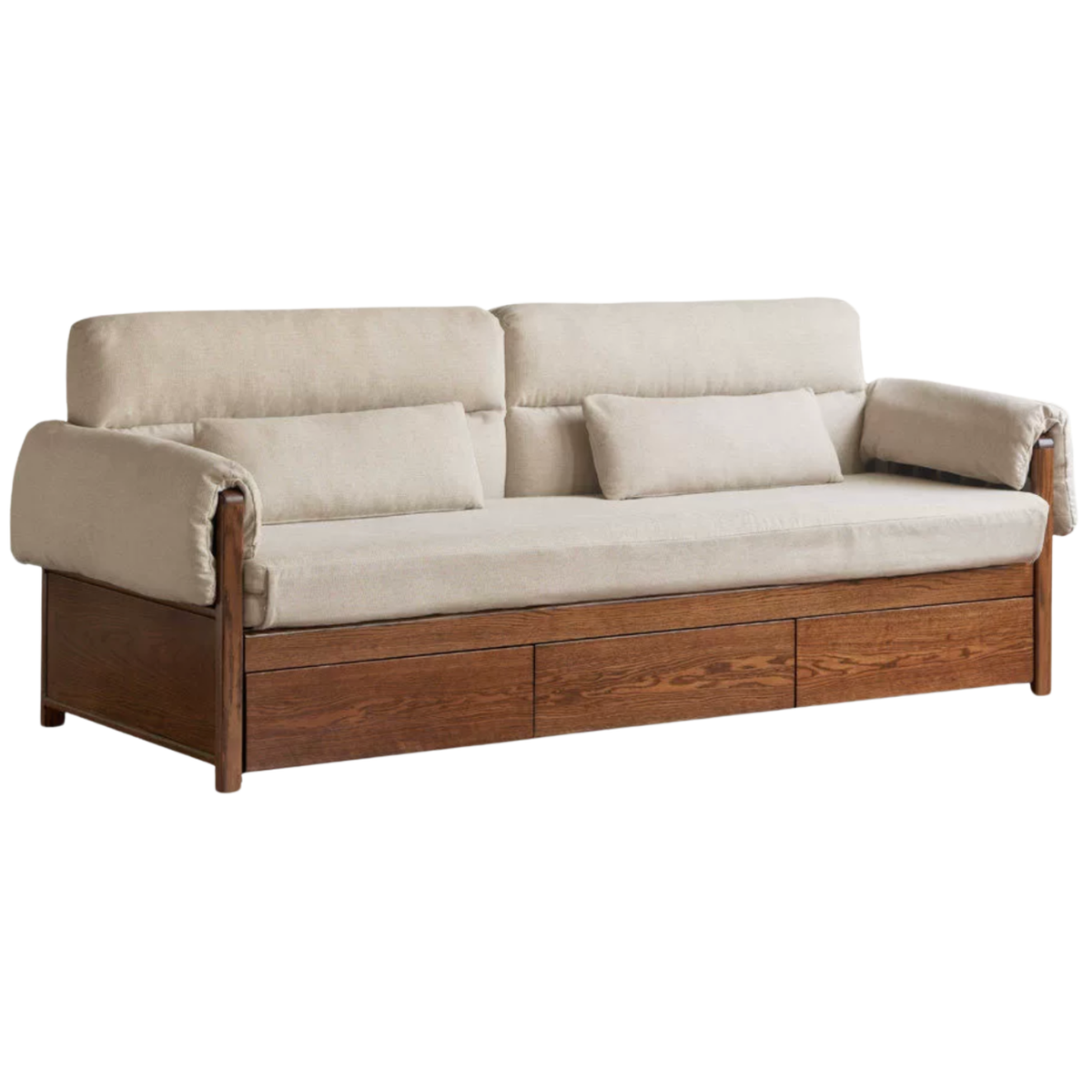 Oak Solid Wood Pull-Out Sleeper Sofa with Under-Seat Storage Drawers