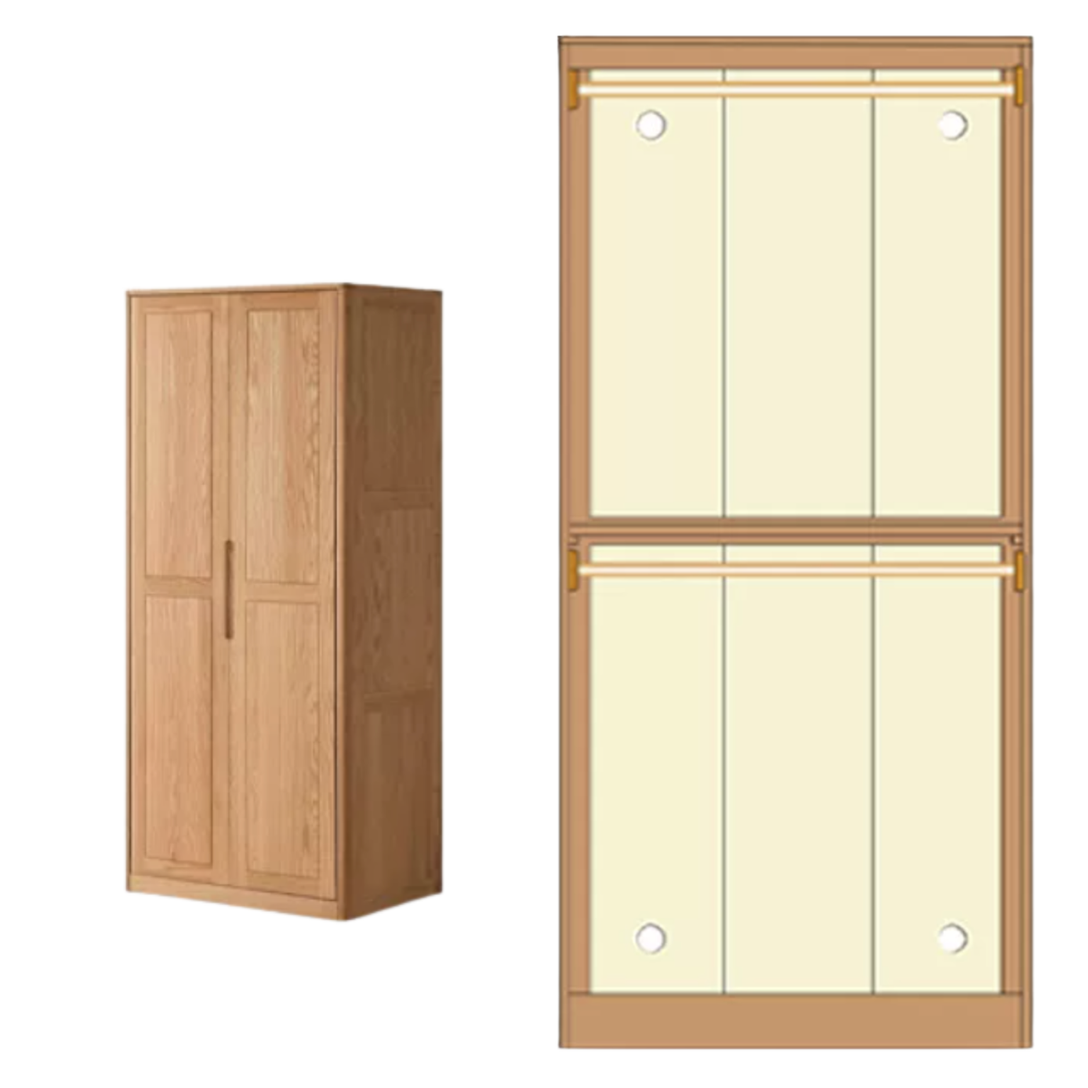 Oak Solid Wood narrow Wardrobe with Framed Panel Doors and Adjustable Layout