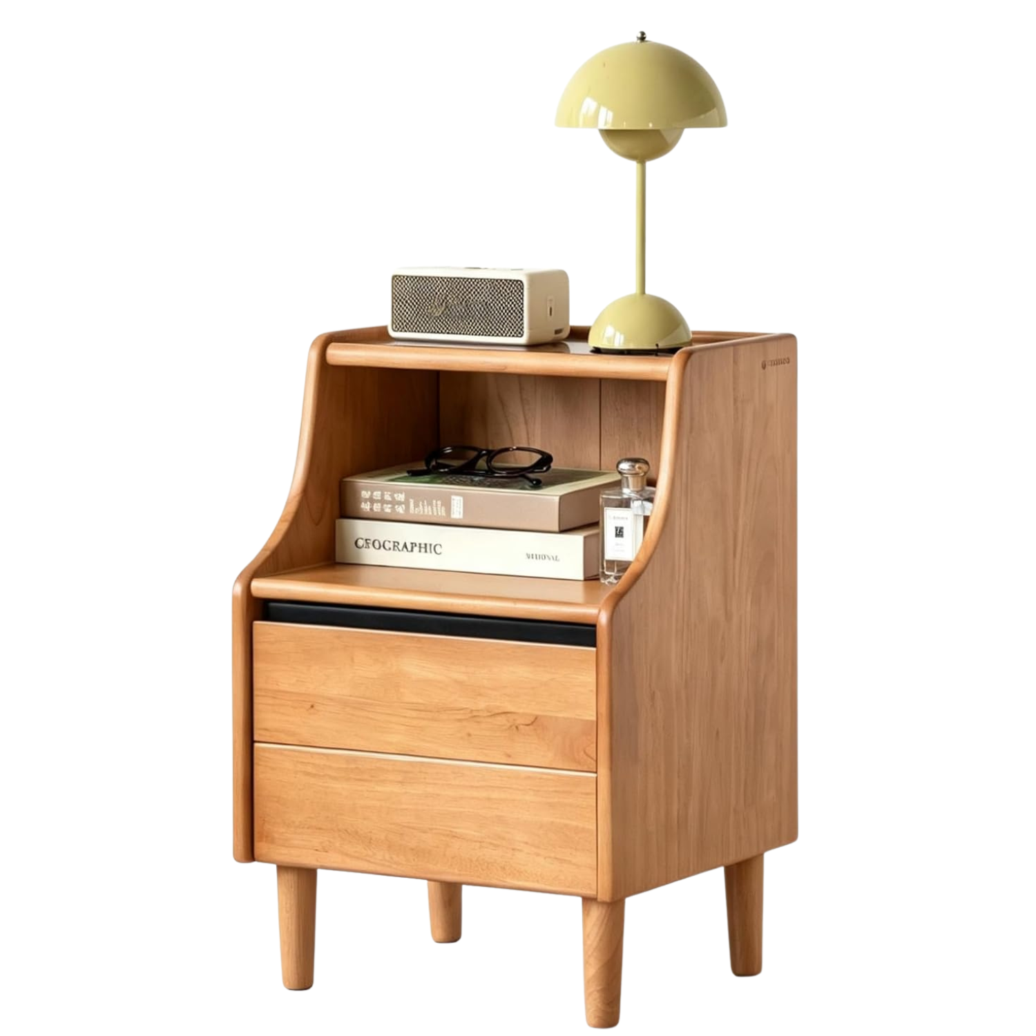 Oak Solid Wood, Solid RubberWood Nightstand with Glass Door with Storage