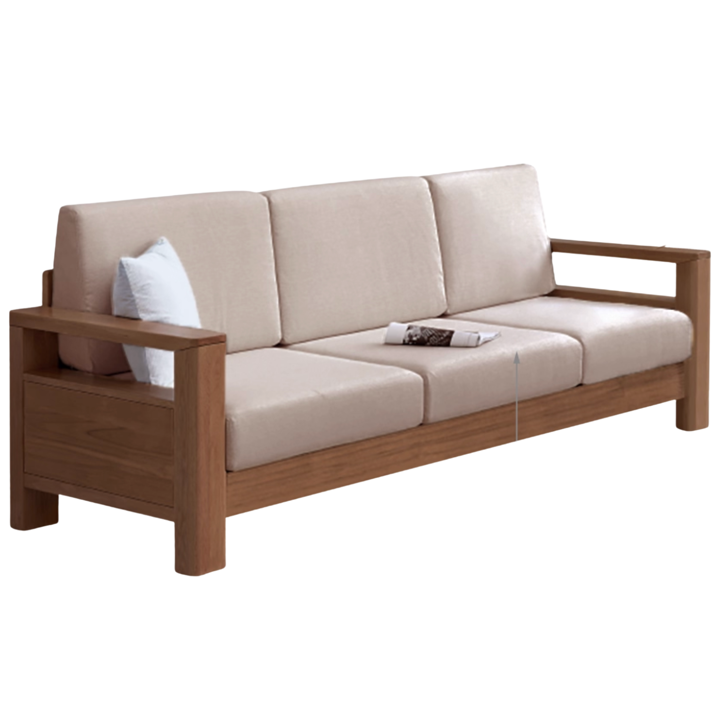 Oak, Solid Rubberwood Walnut Color Fabric Sofa.