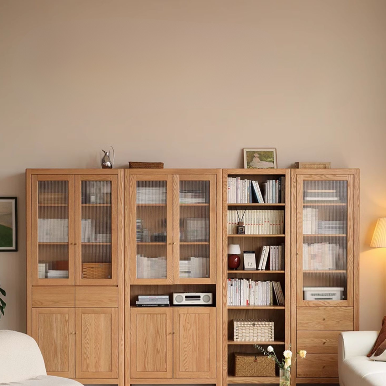 Oak solid wood bookcase with glass door