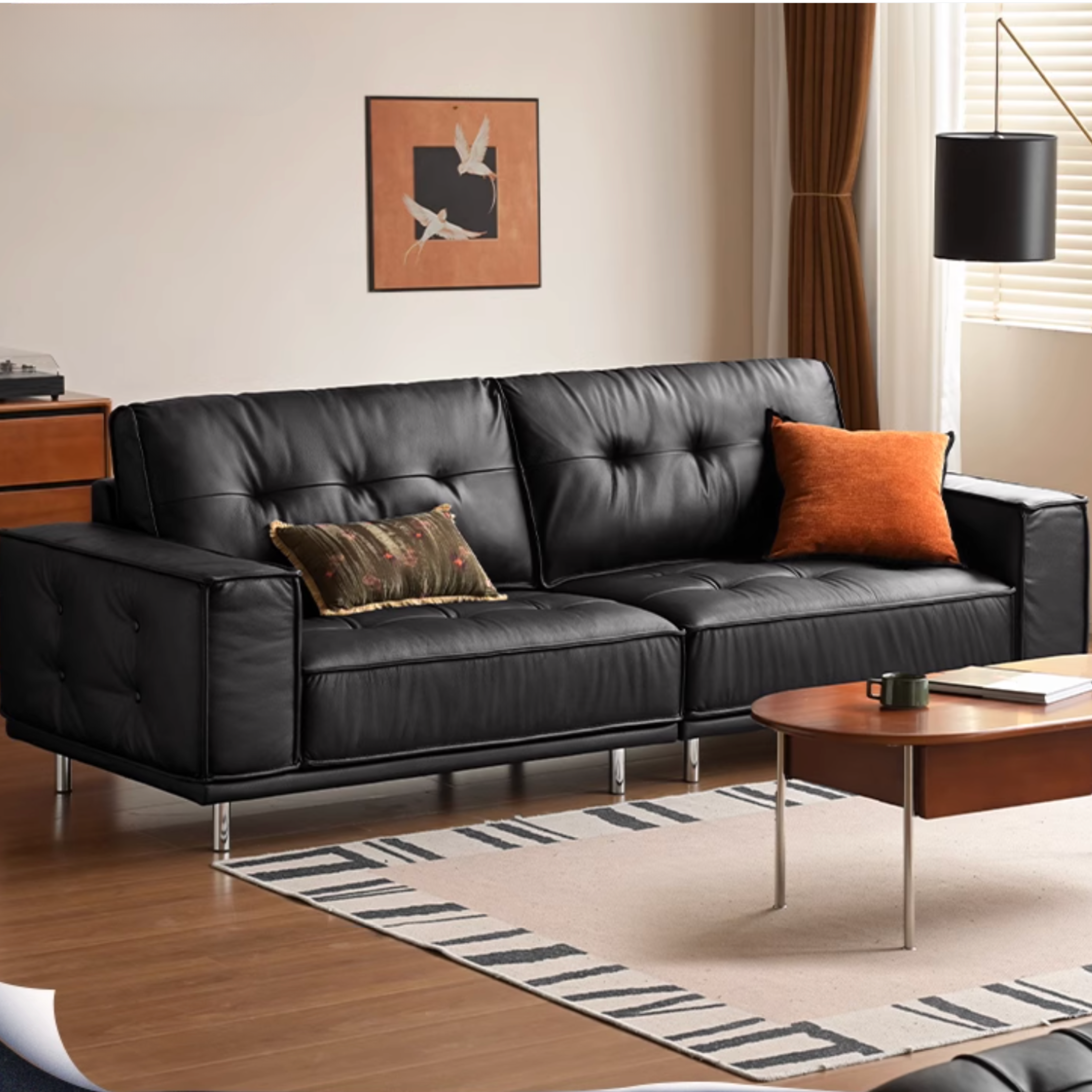 Genuine Leather Medieval Style Black tofu block Sofa