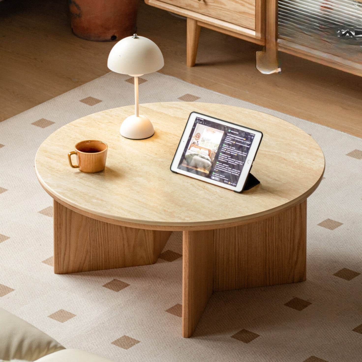 Oak Solid Wood Travertine Rock Plate Coffee Table: