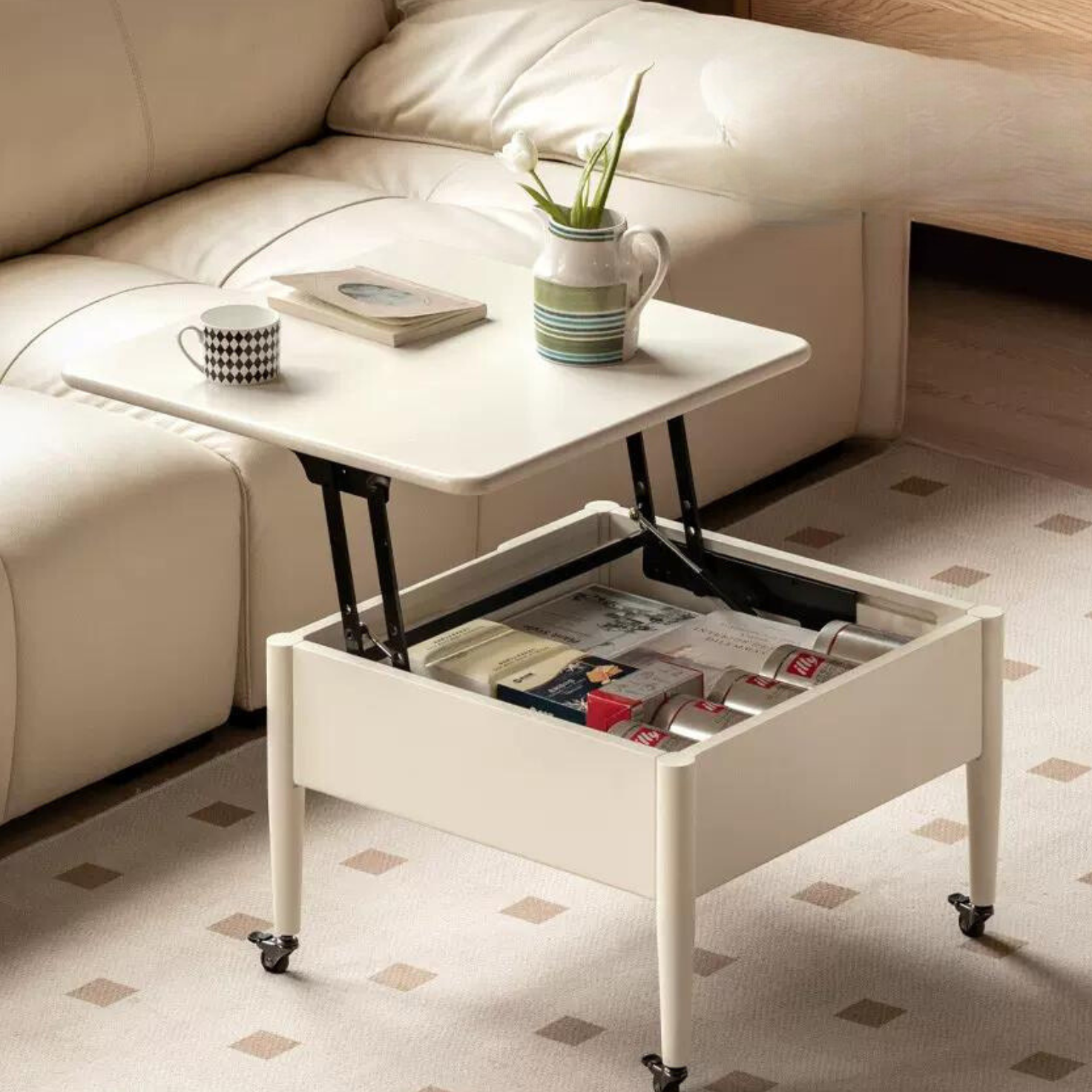 Poplar Solid Wood Lifting Cream Style Mobile Coffee Table