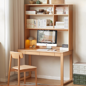 Beech solid wood office desk and bookshelf integrated Nordic -