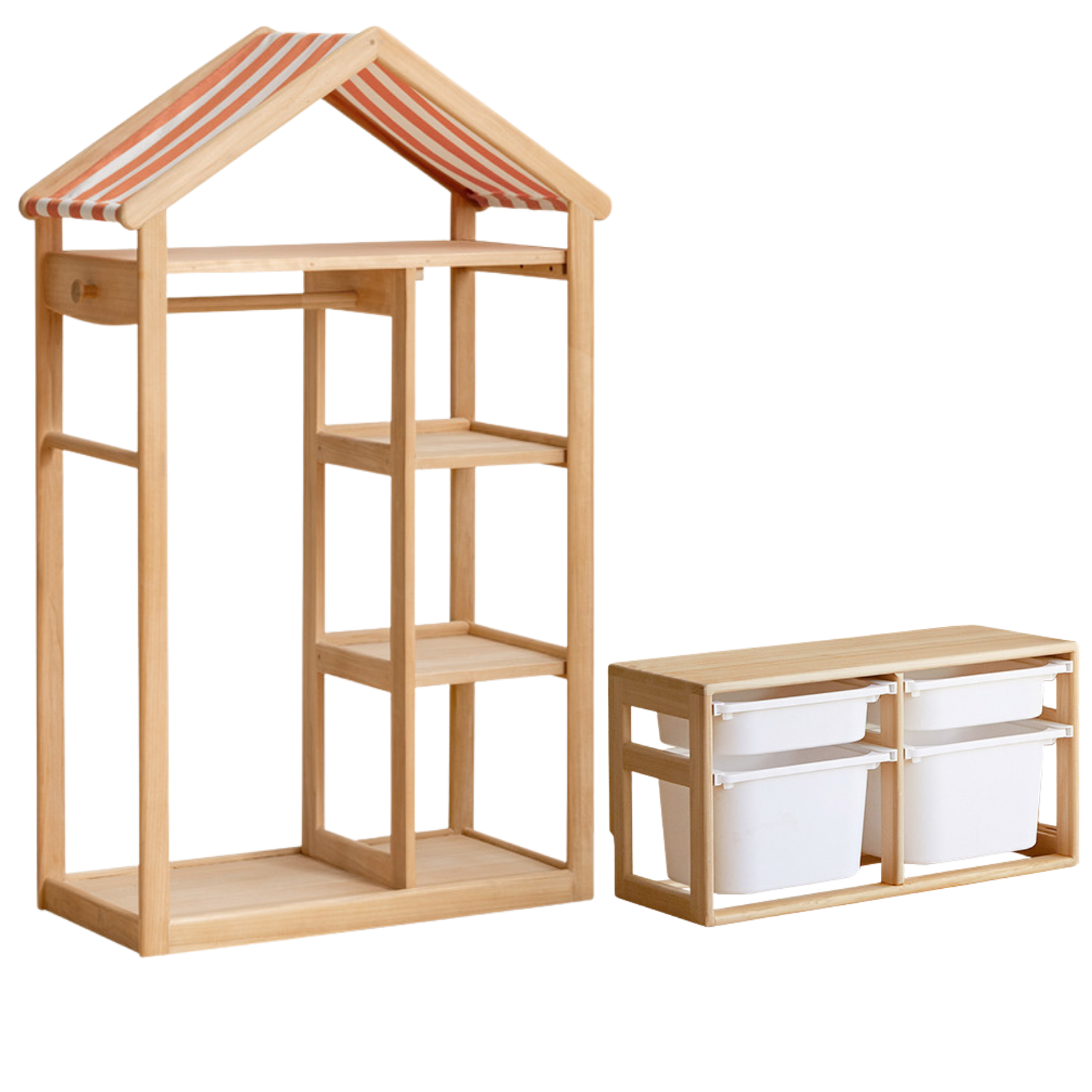 Poplar Solid Wood Children's Toy Storage Cabinet and Wardrobe With Hangers