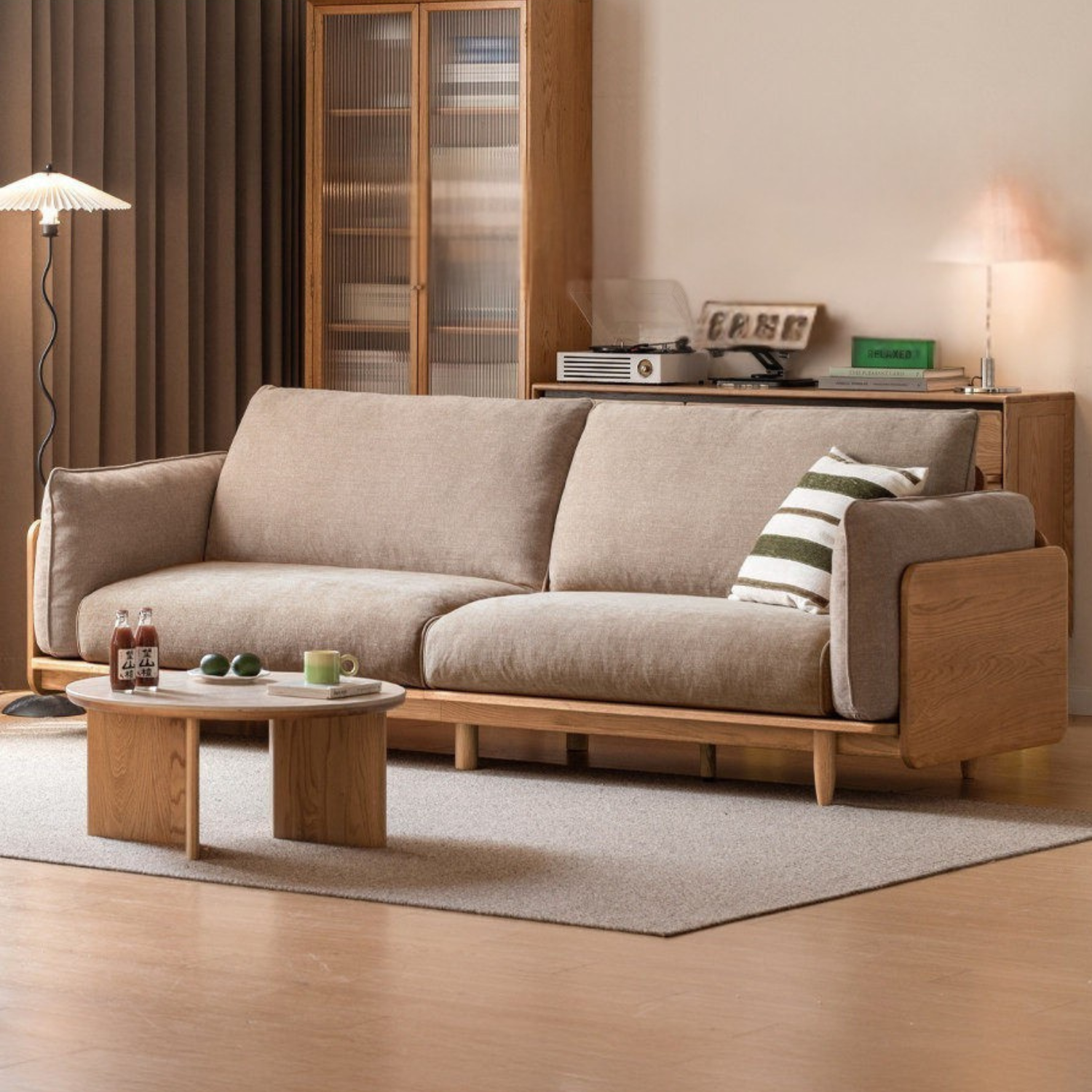 Oak, Ash Solid Wood Sofa with Exposed Wide Arms, High-Back, Genuine leather -fabric