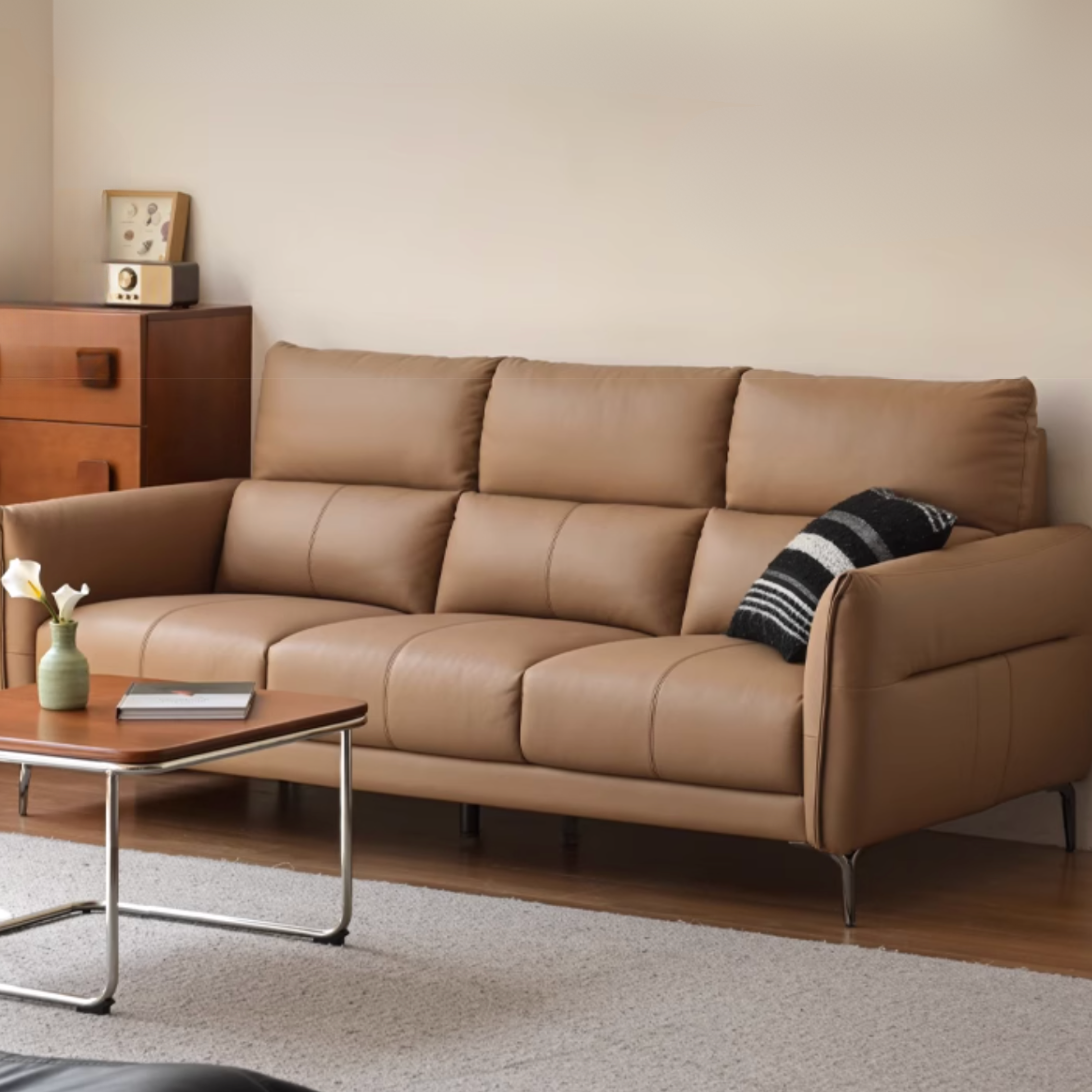 Genuine Leather High-Back Modern Sofa
