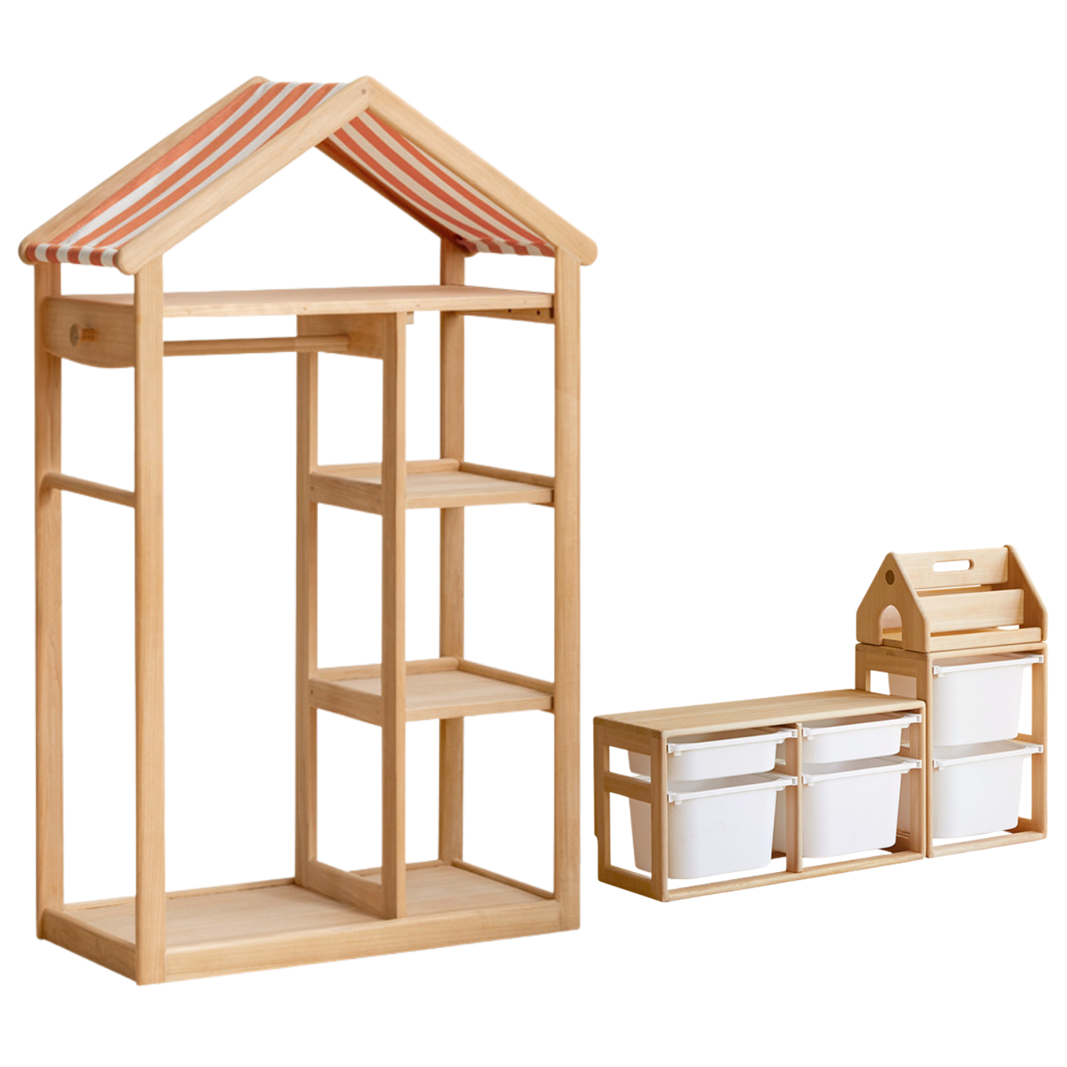 Poplar Solid Wood Children's Toy Storage Cabinet and Wardrobe With Hangers